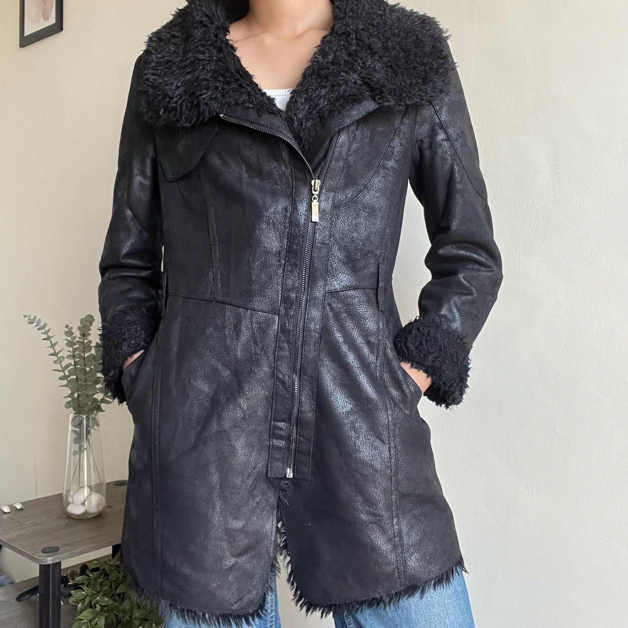 Black Fur Leather Coat CG - 06