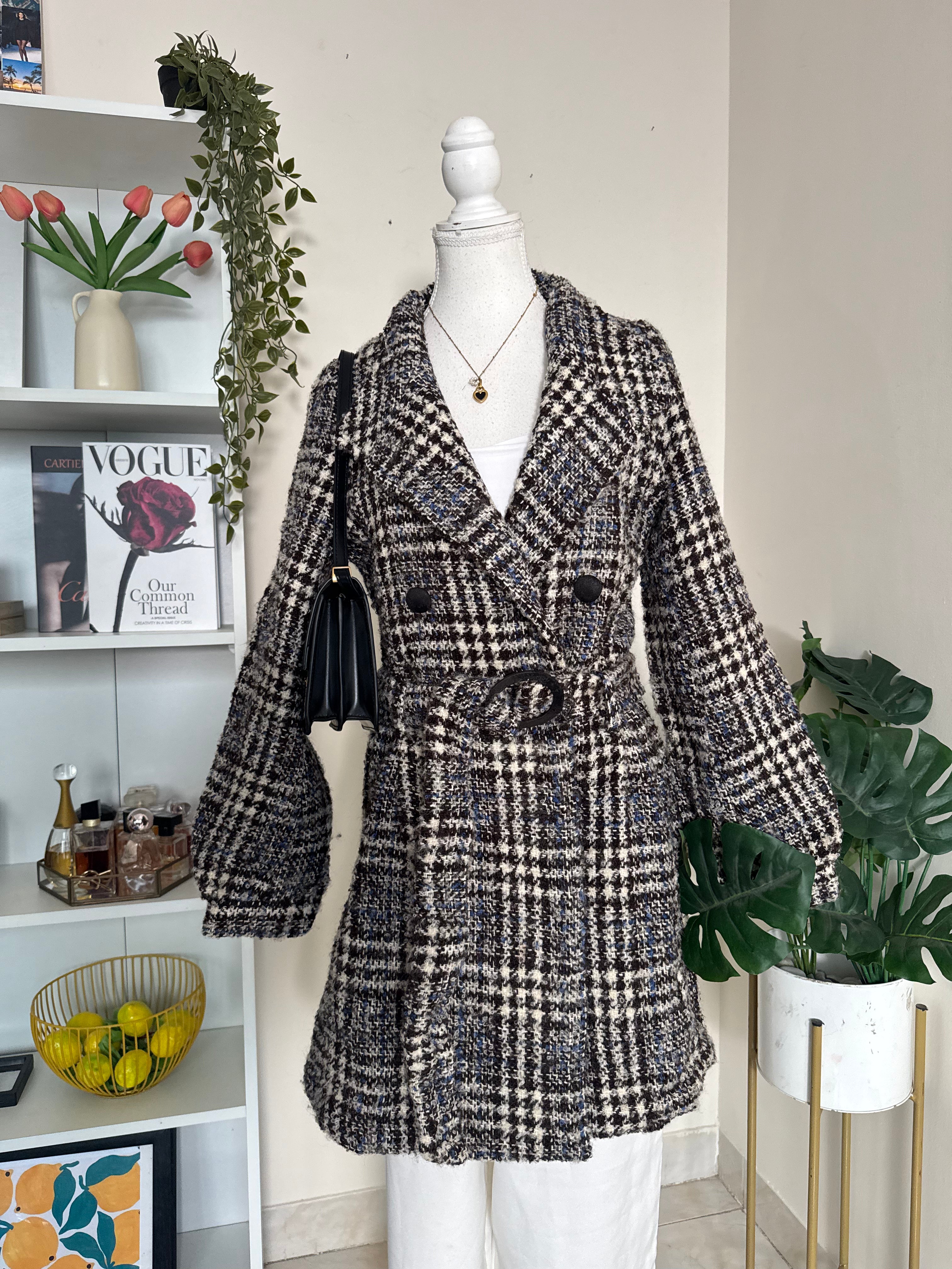 Brown Plaid Woollen Overcoat with Belt