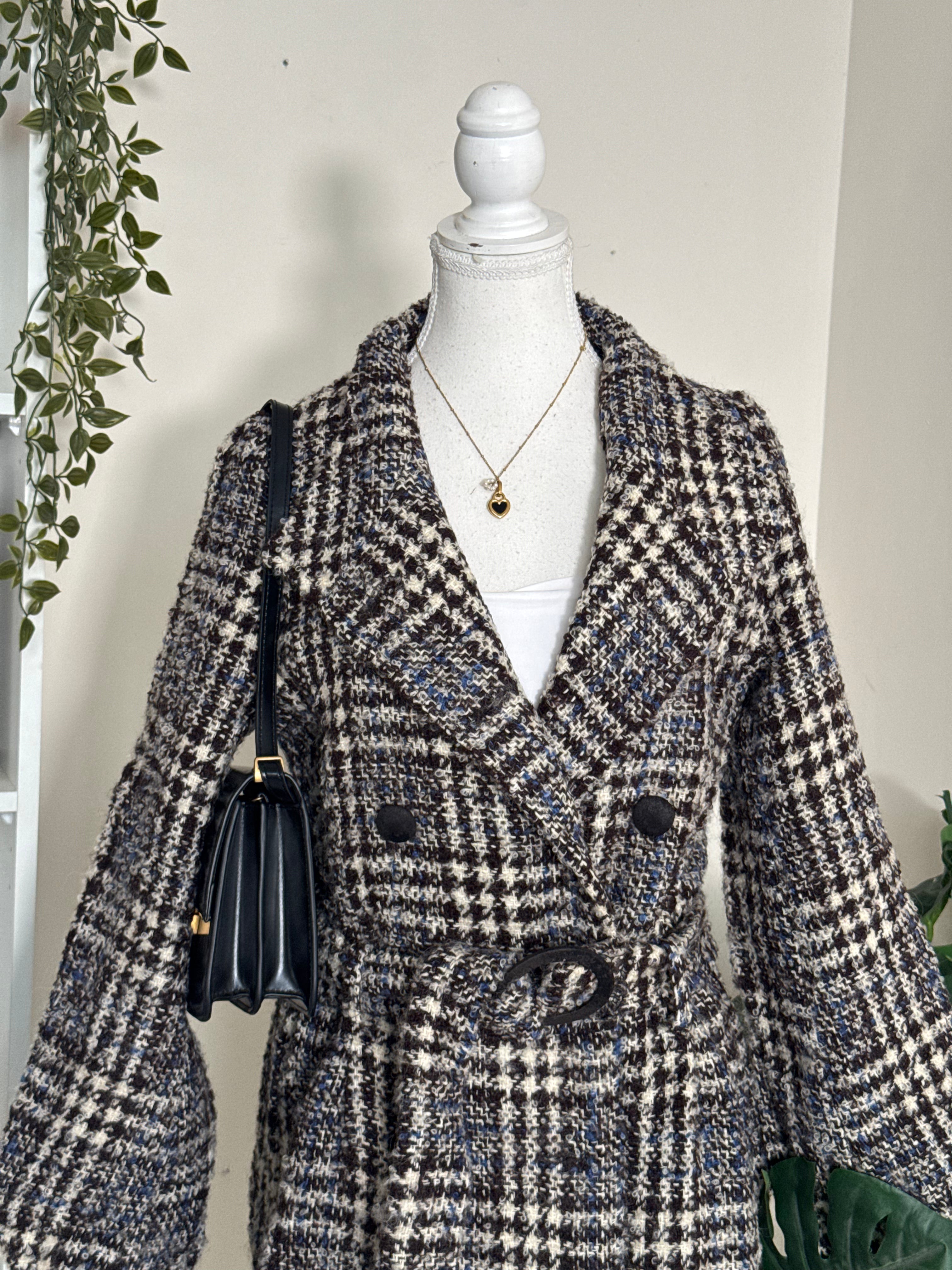 Brown Plaid Woollen Overcoat with Belt