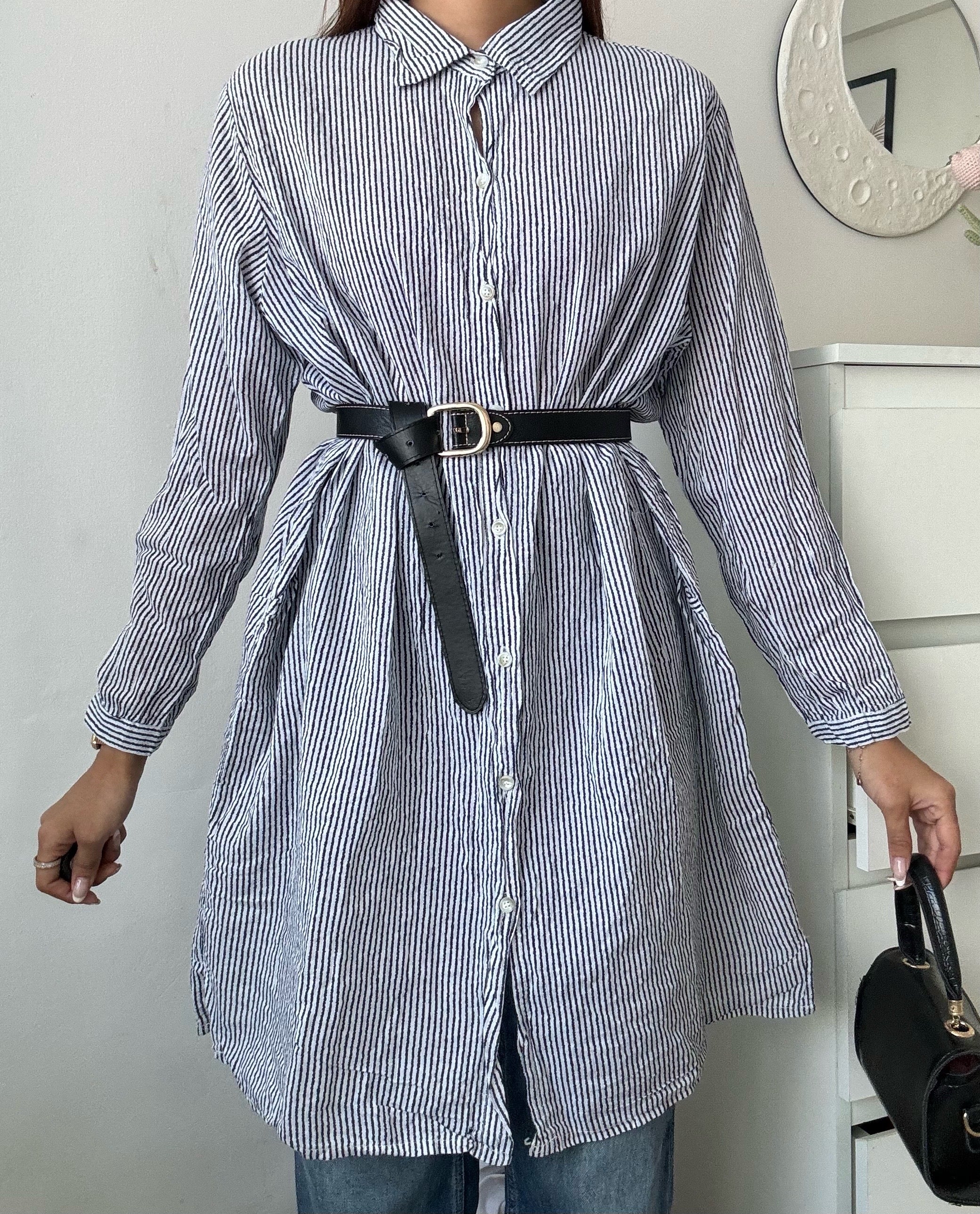 Black Stripe Shirt Dress with Pockets