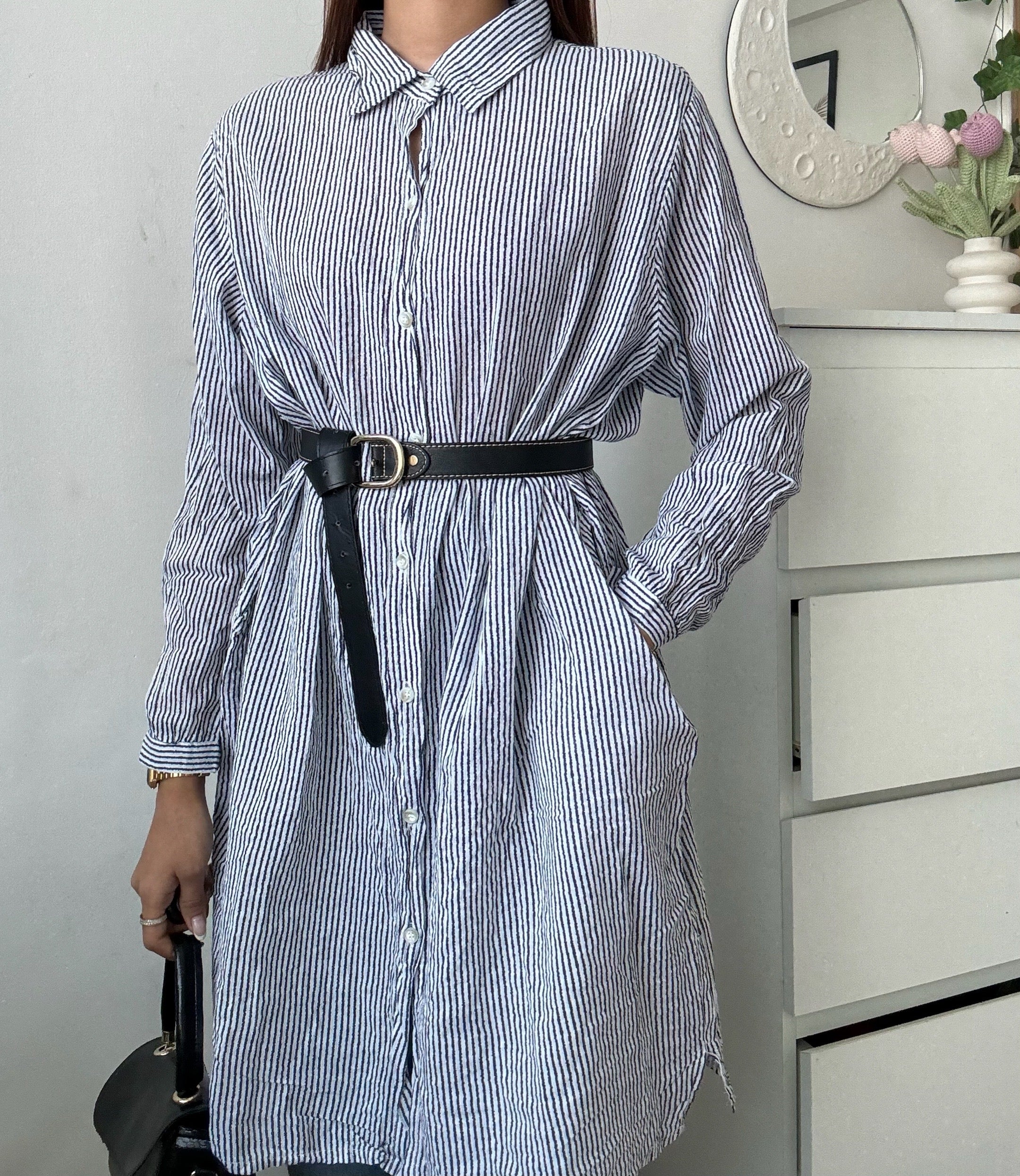 Black Stripe Shirt Dress with Pockets