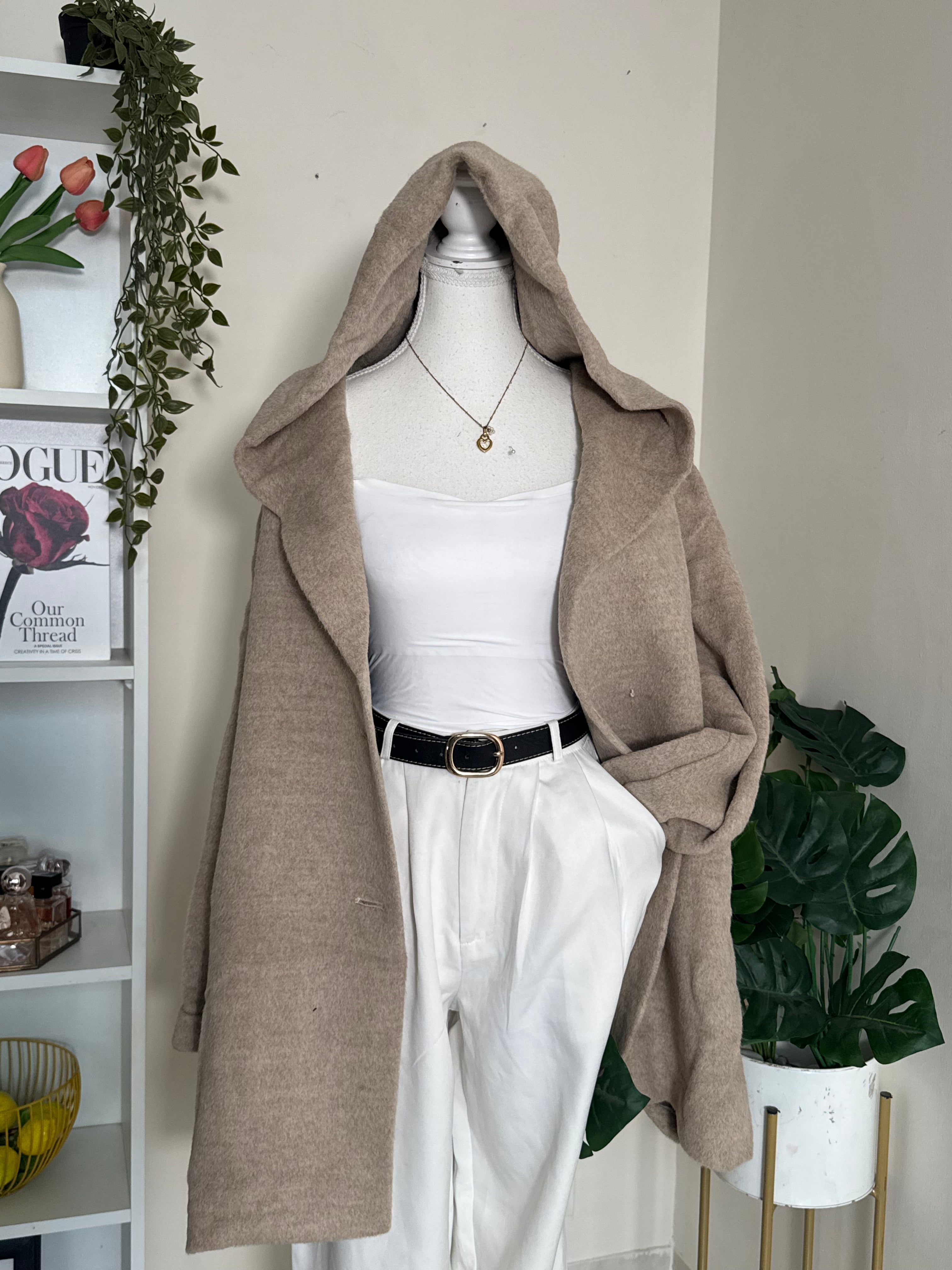 Beige Hood Woollen Overcoat