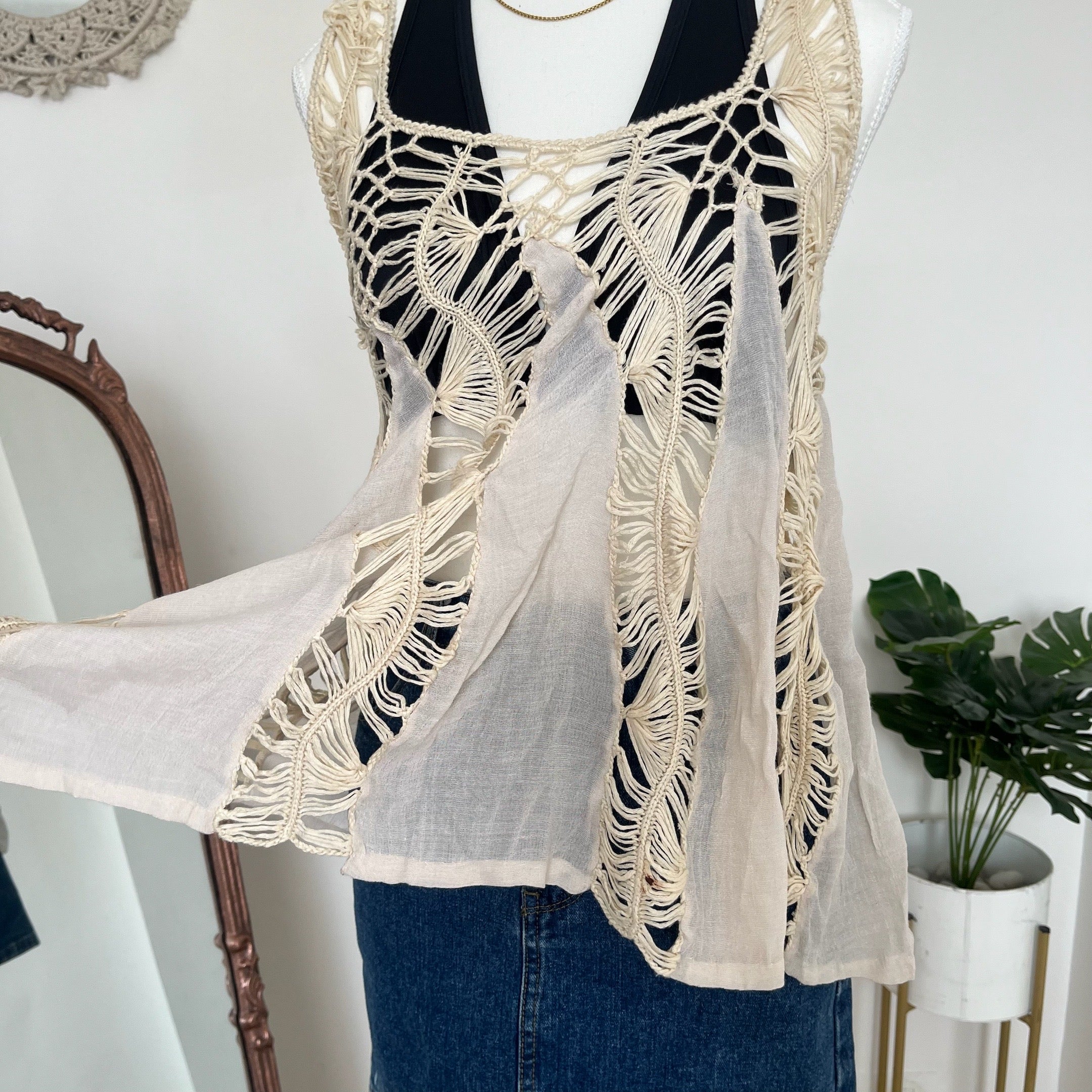 Beige Sheer Crochet Top vv