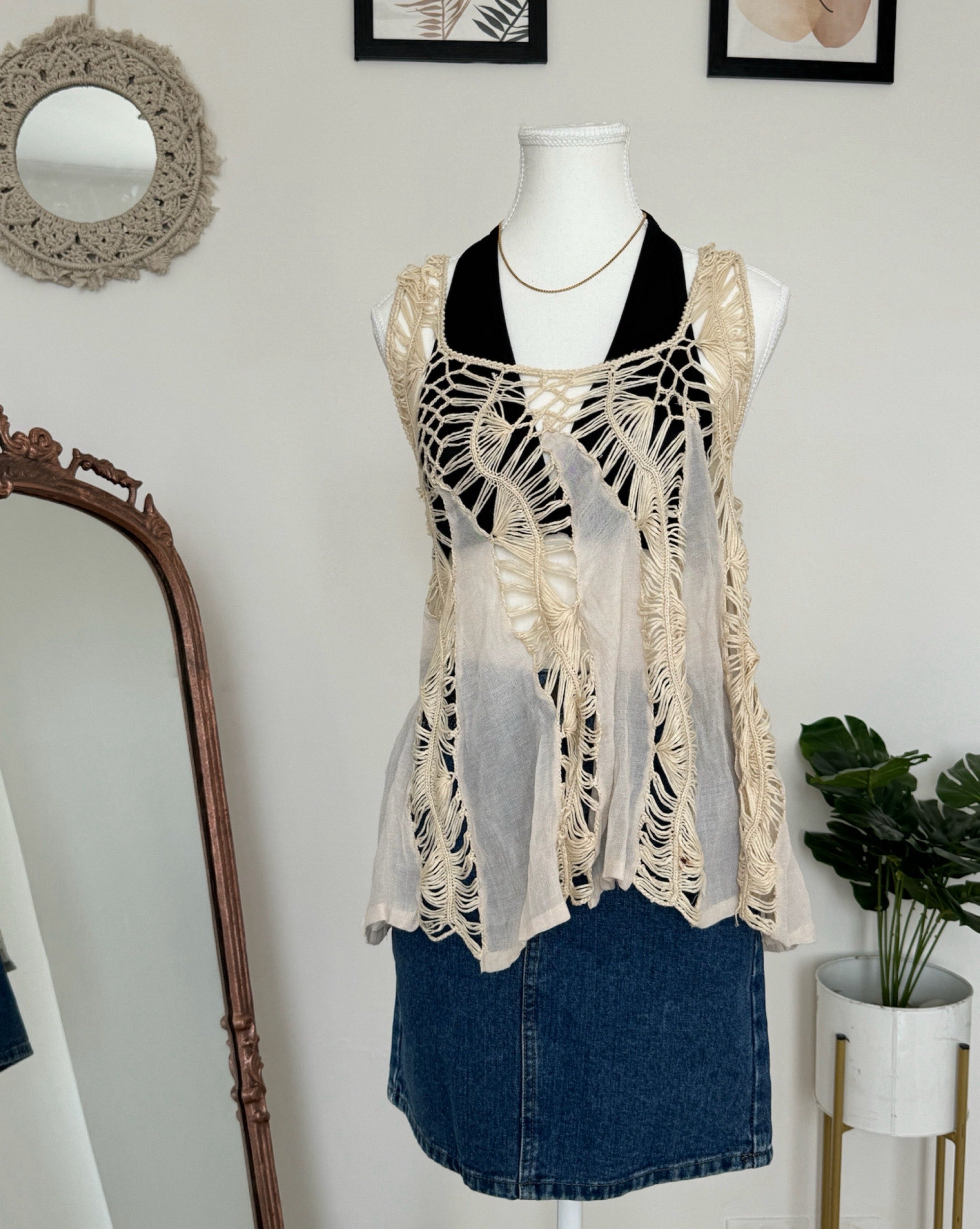 Beige Sheer Crochet Top vv