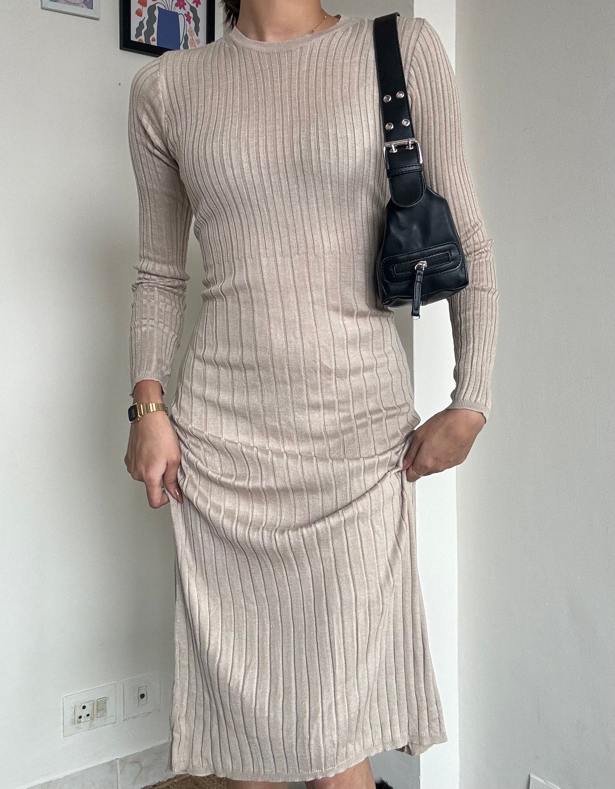 Beige Crew-Neck Long Dress