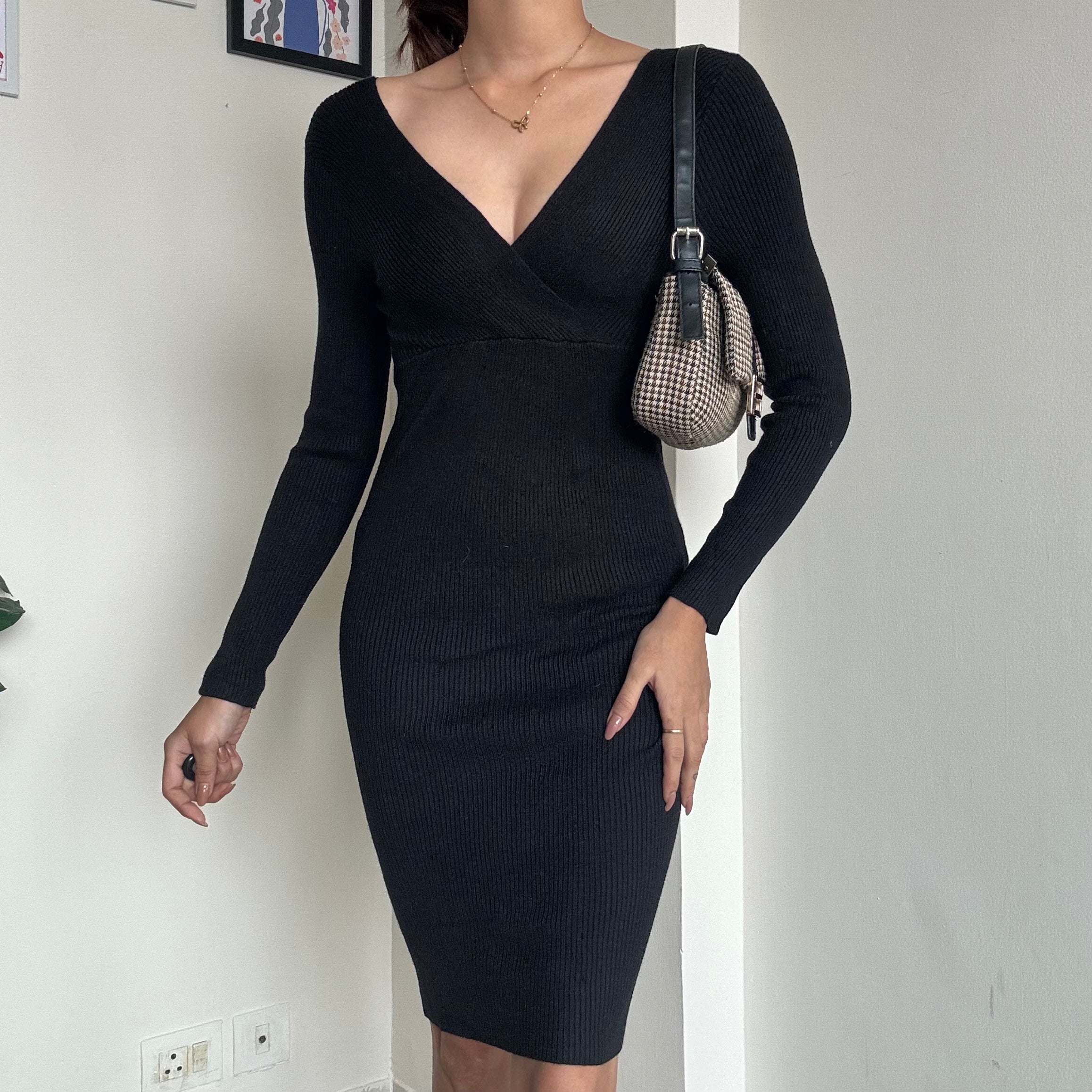 Black V-Neck Layer Bodycon Dress