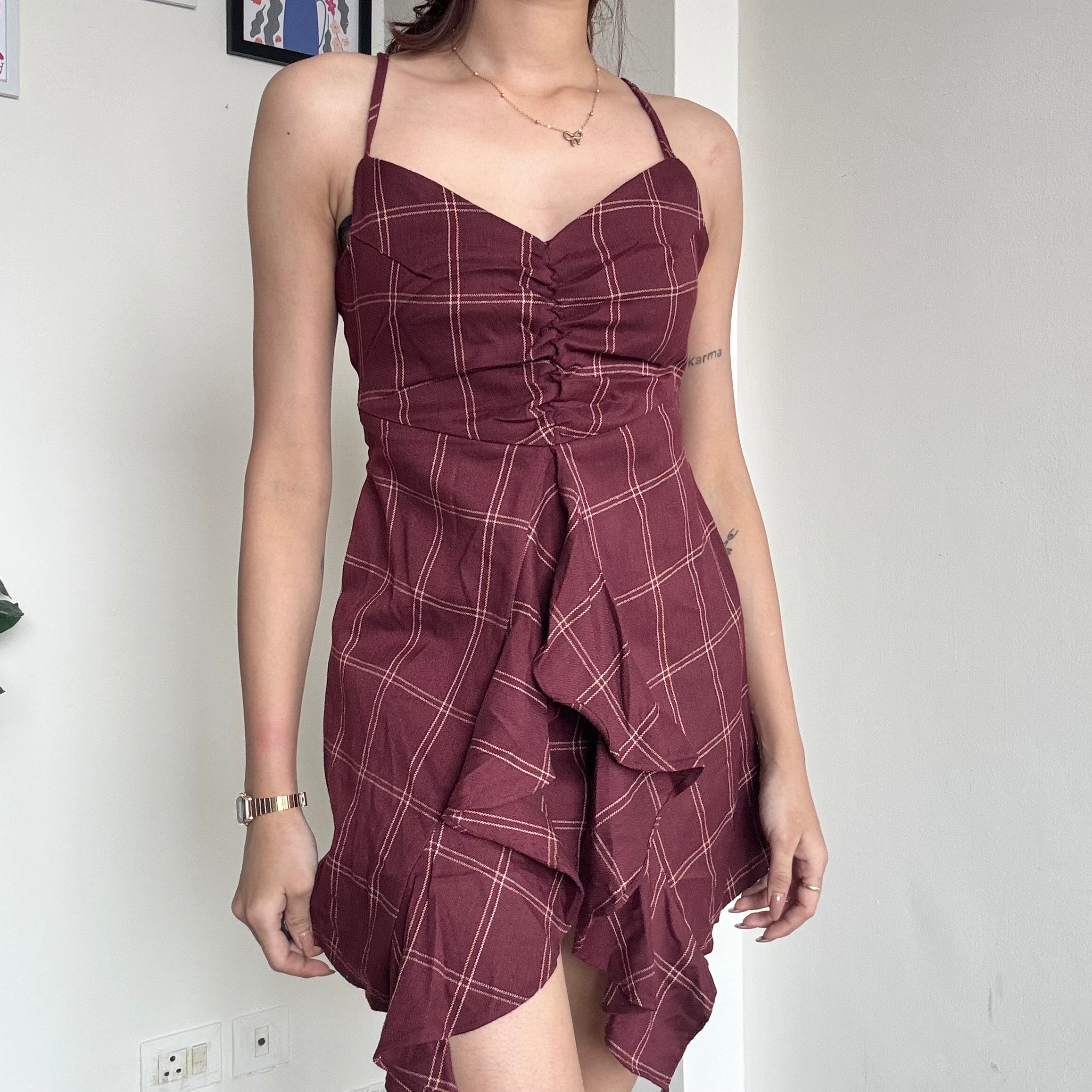 Maroon Checkered Dress