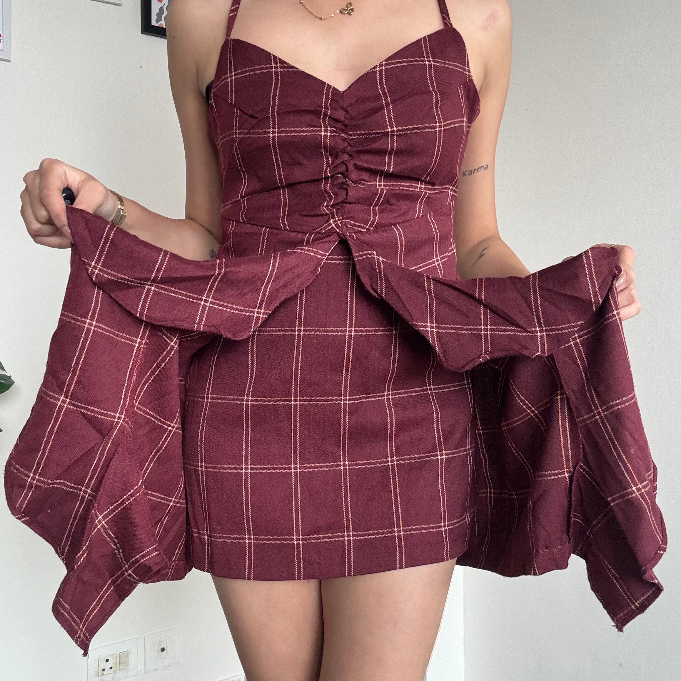 Maroon Checkered Dress