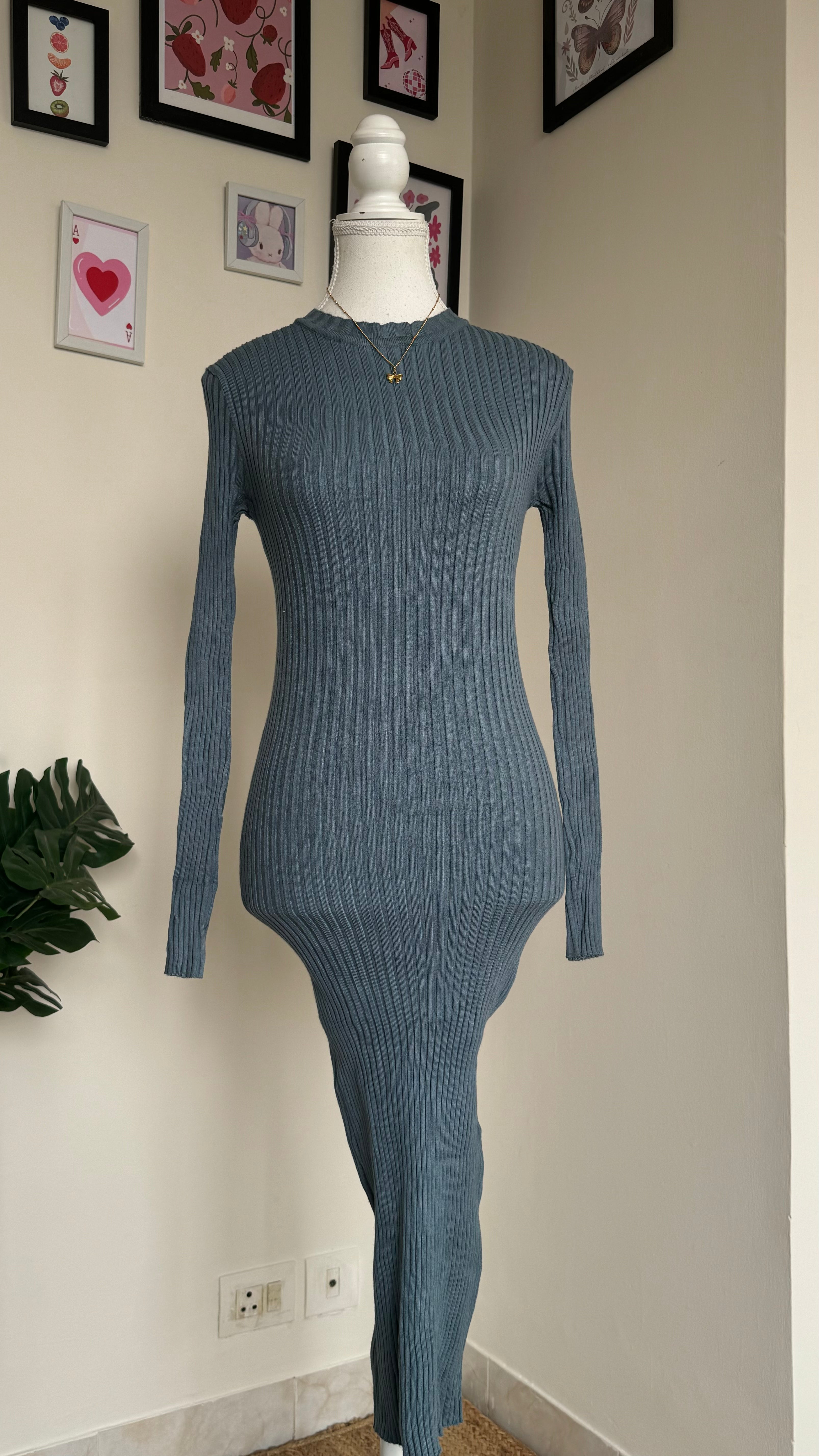 Greyish Blue Ribbed Bodycon Dress