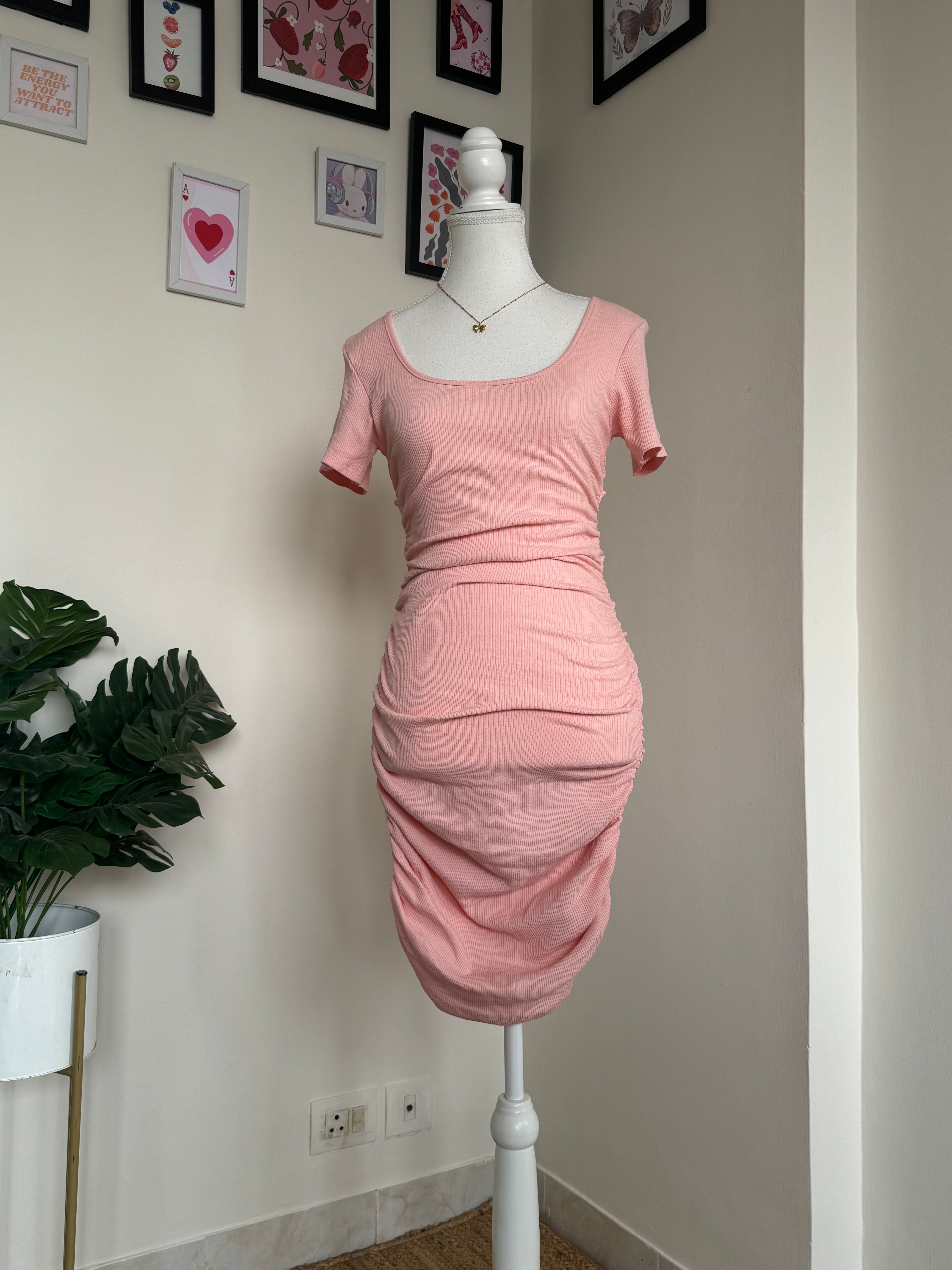 Baby Pink Ruched Bodycon Dress