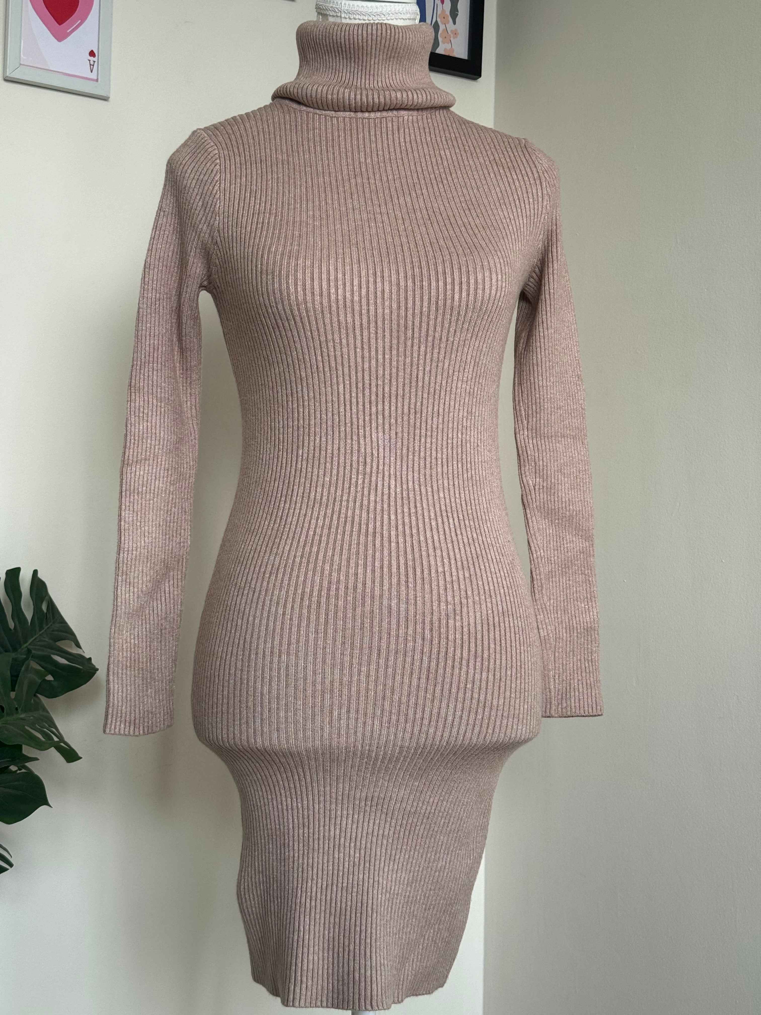 Beige Turtle-Neck Bodycon Dress