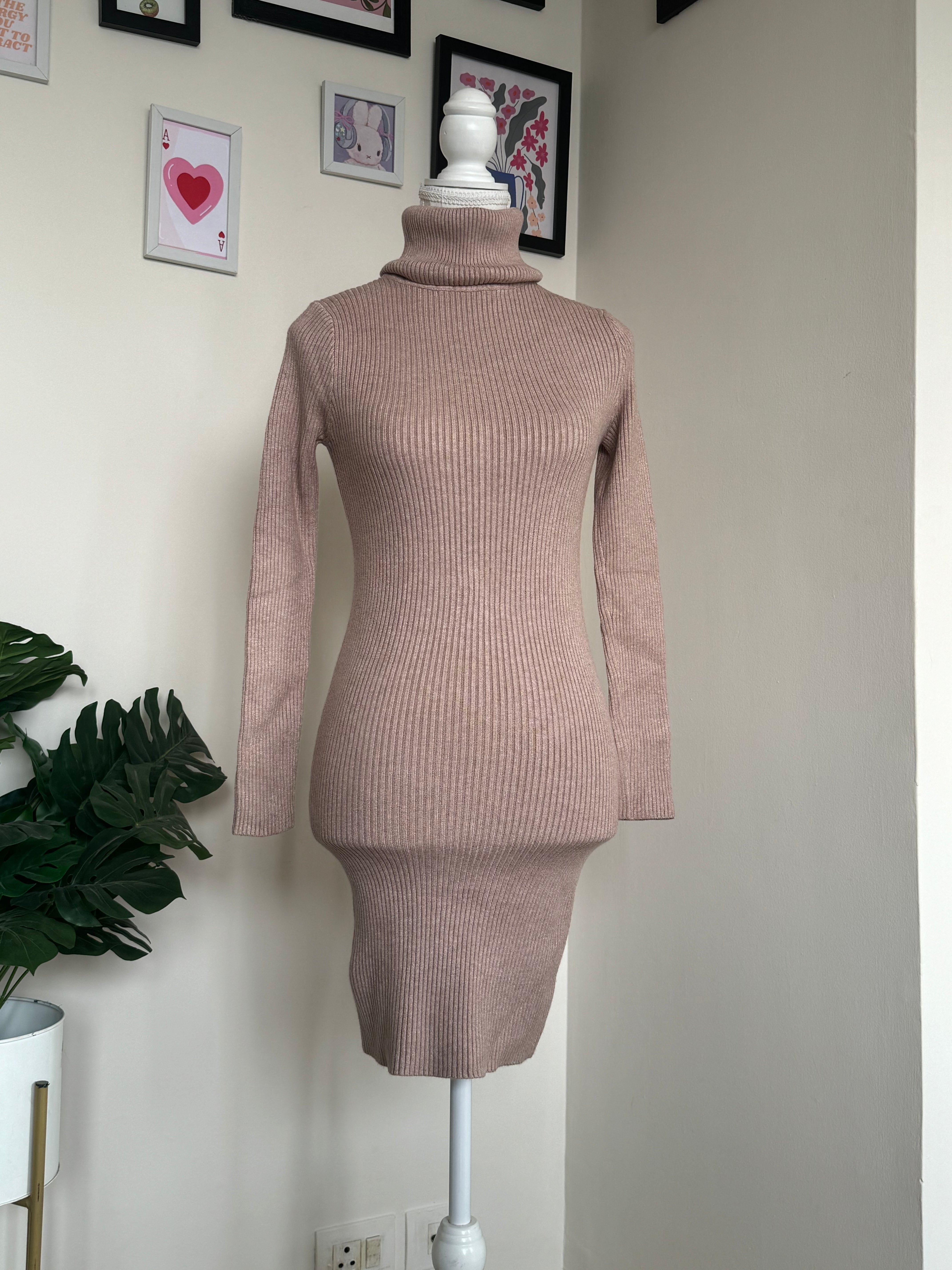 Beige Turtle-Neck Bodycon Dress