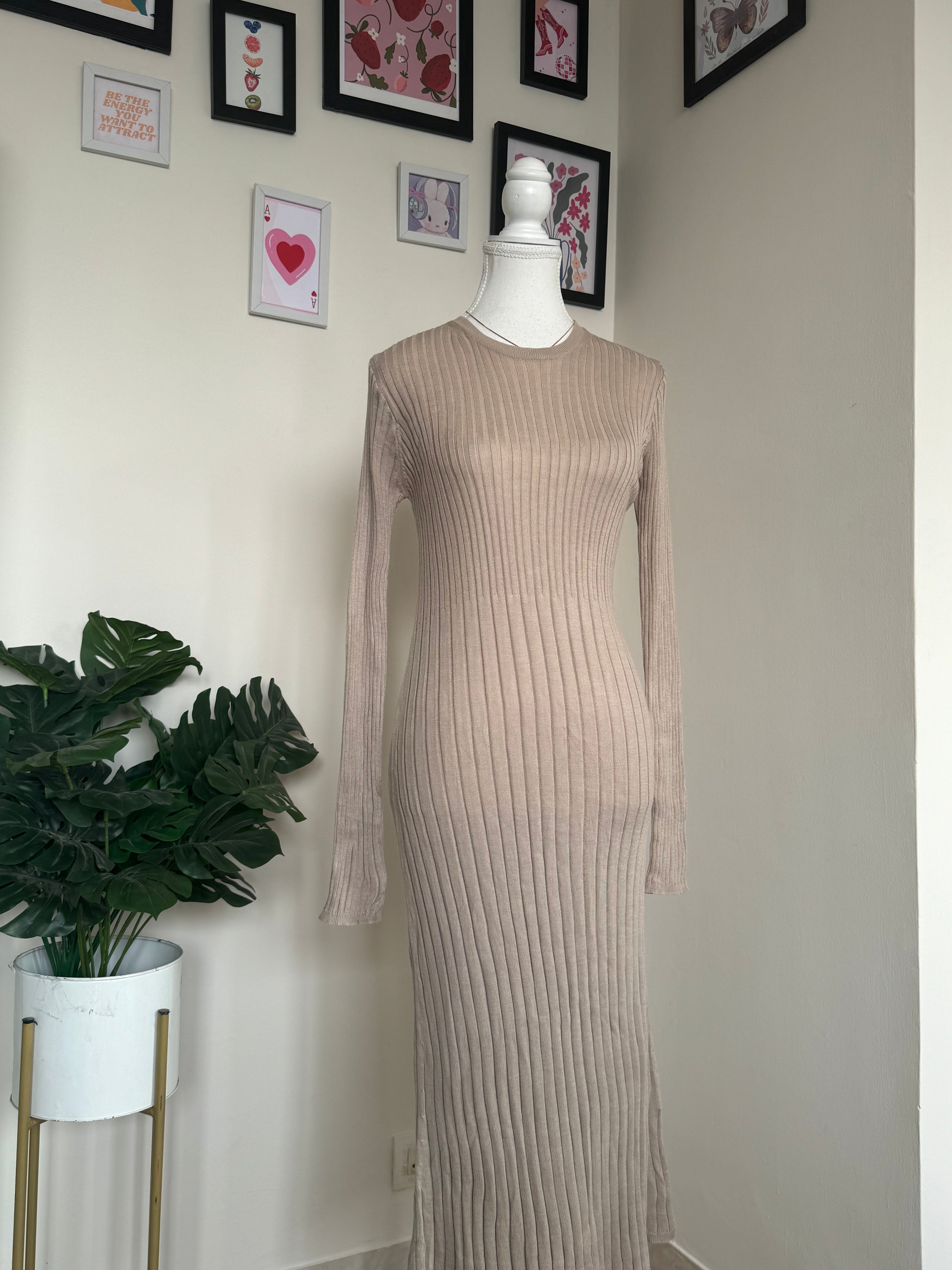 Beige Crew-Neck Long Dress