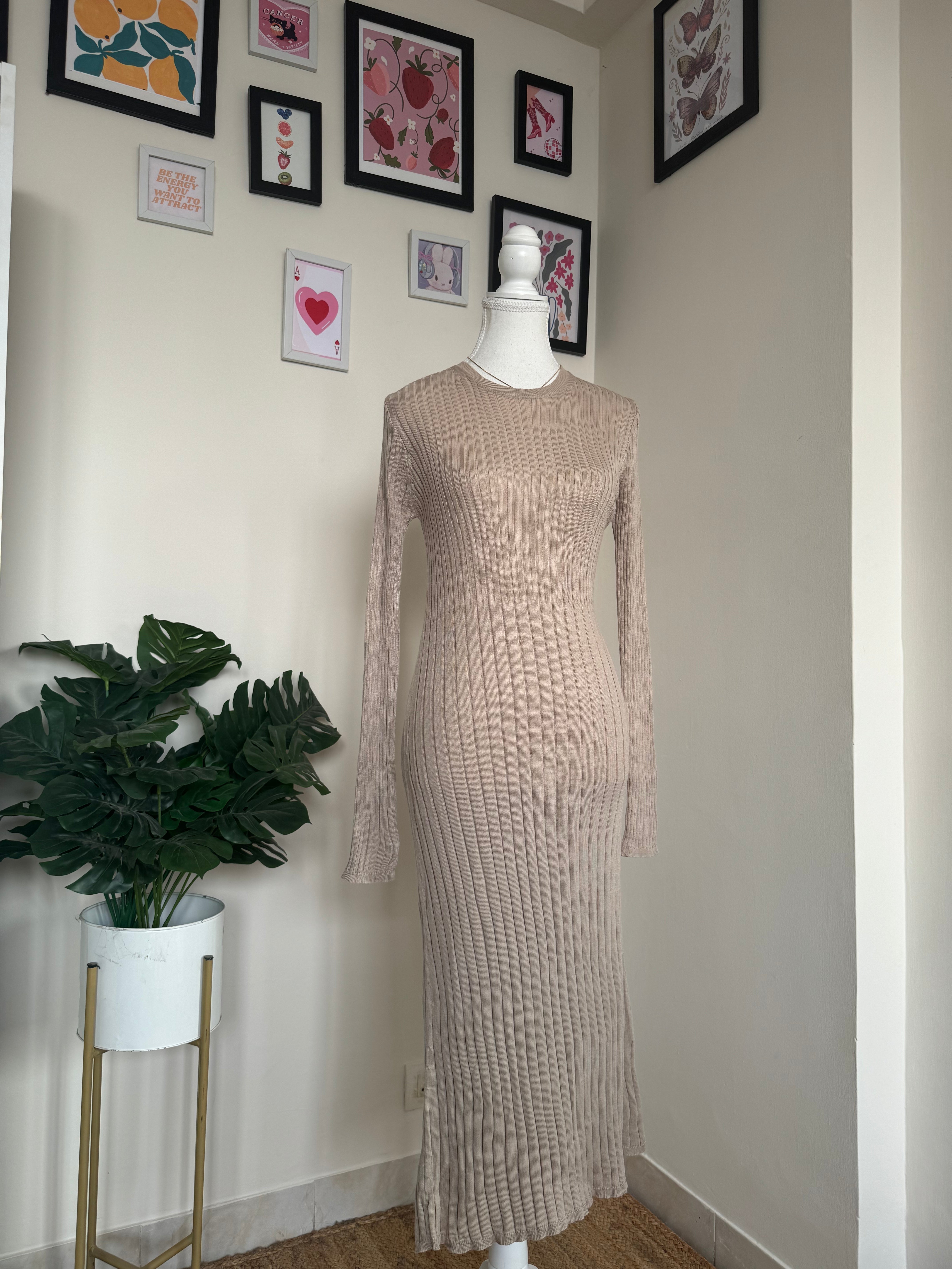 Beige Crew-Neck Long Dress