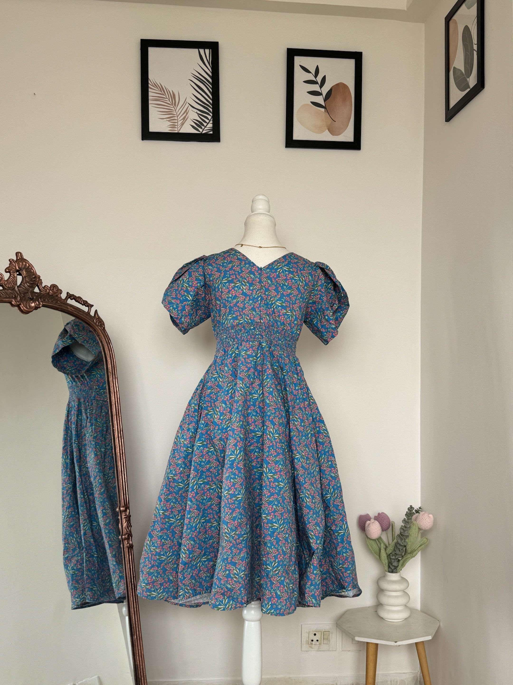 Blue Floral Puff Sleeve Dress