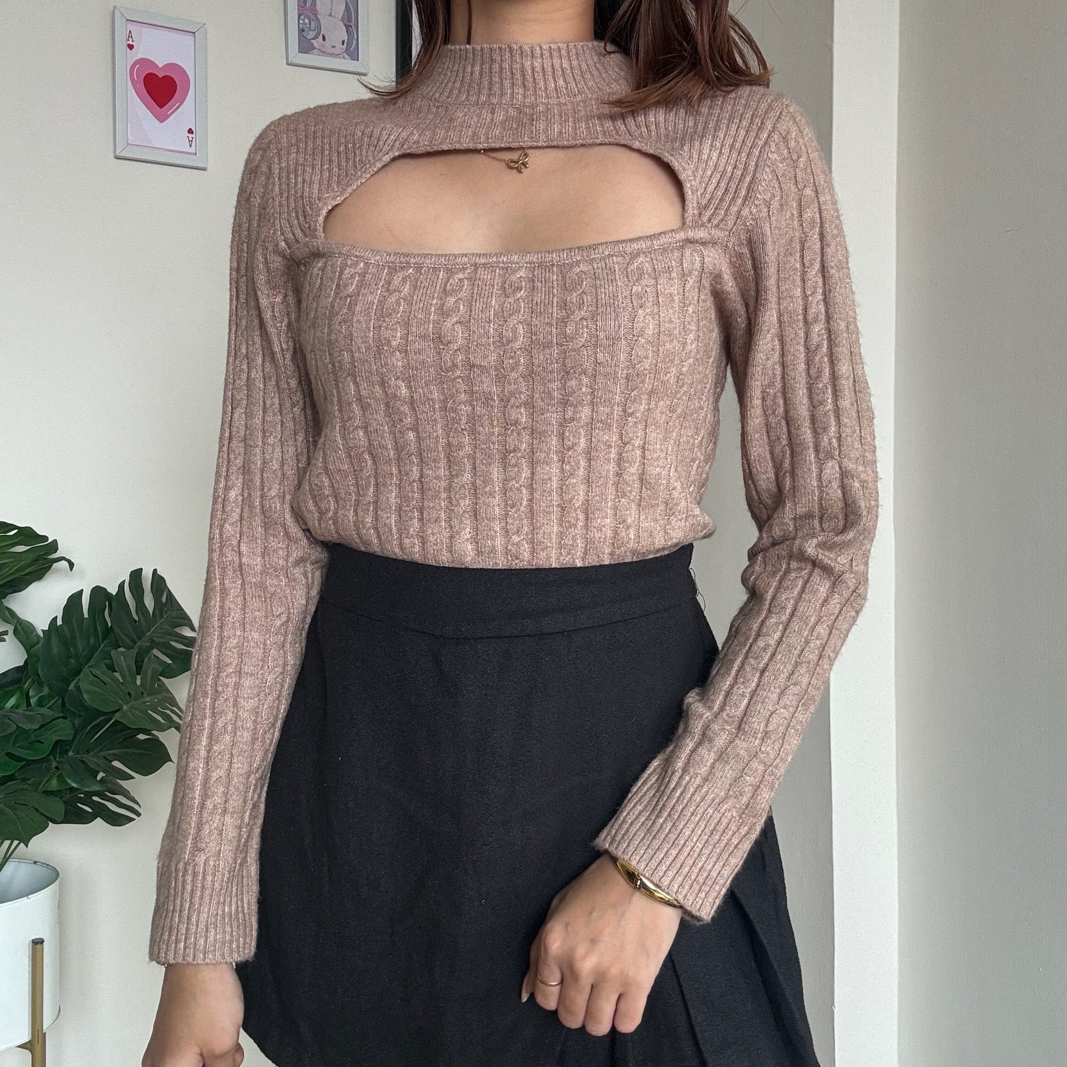 Beige Cut-Out Knit Top