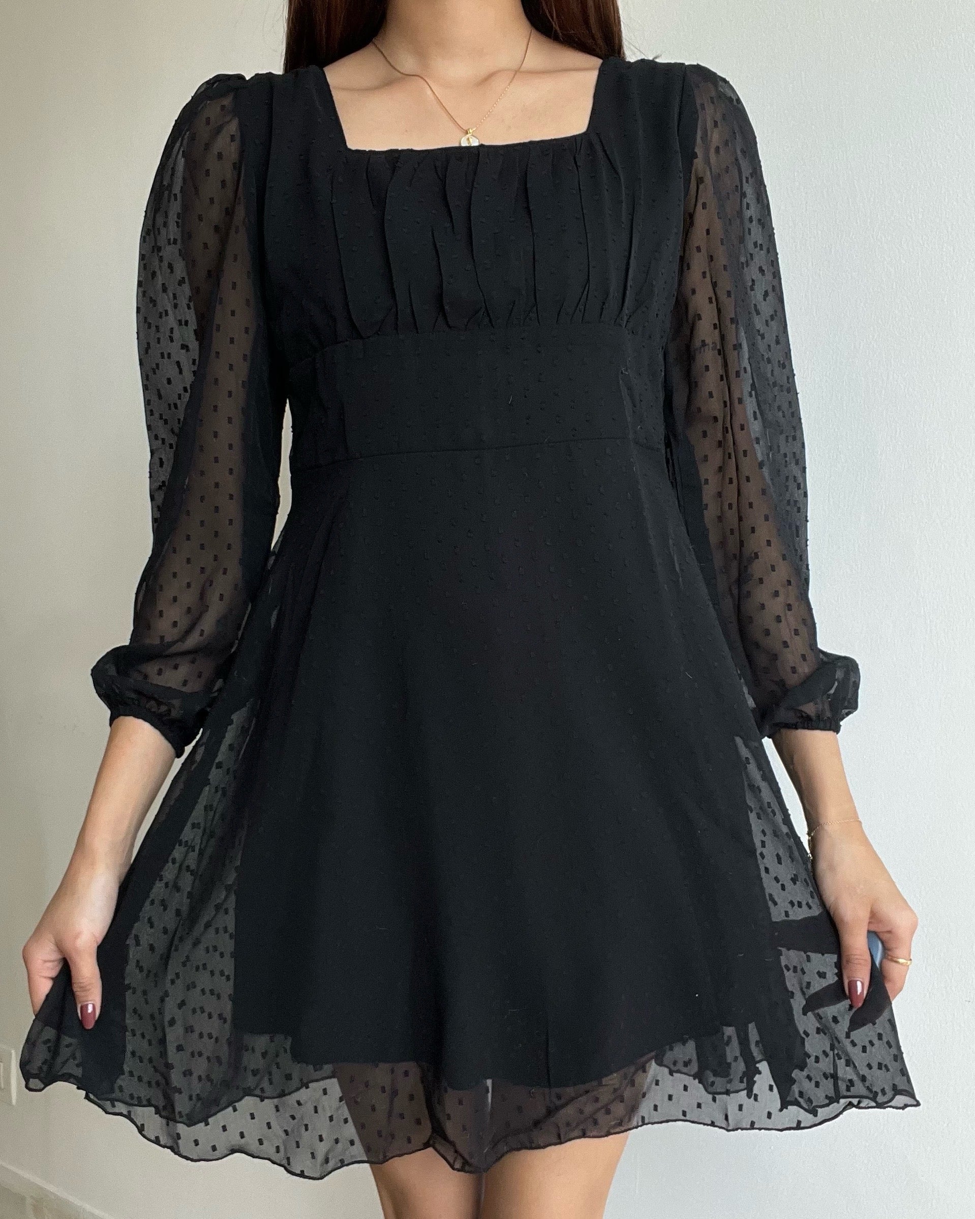 Black Mesh Fit to Flare Dress