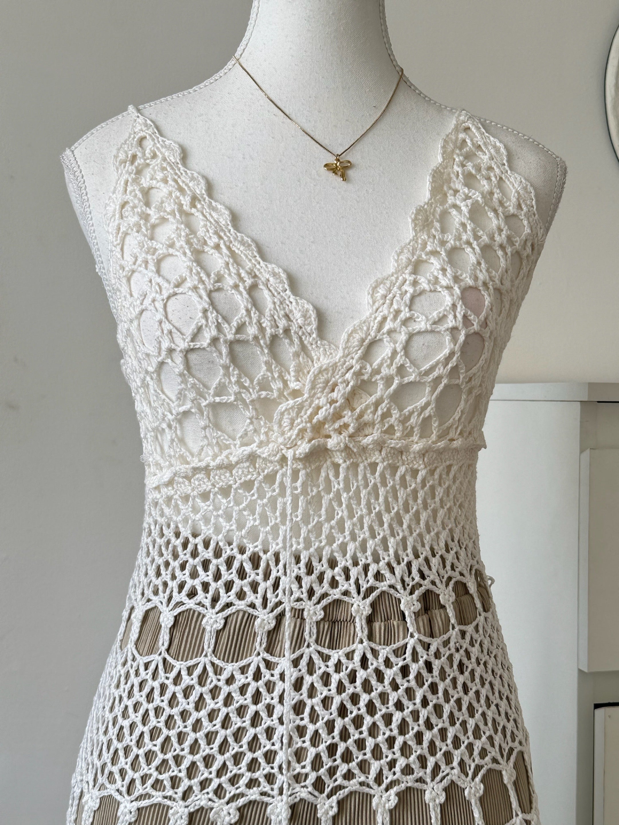 Off-White Sheer V-Neck beach cover Crochet dress