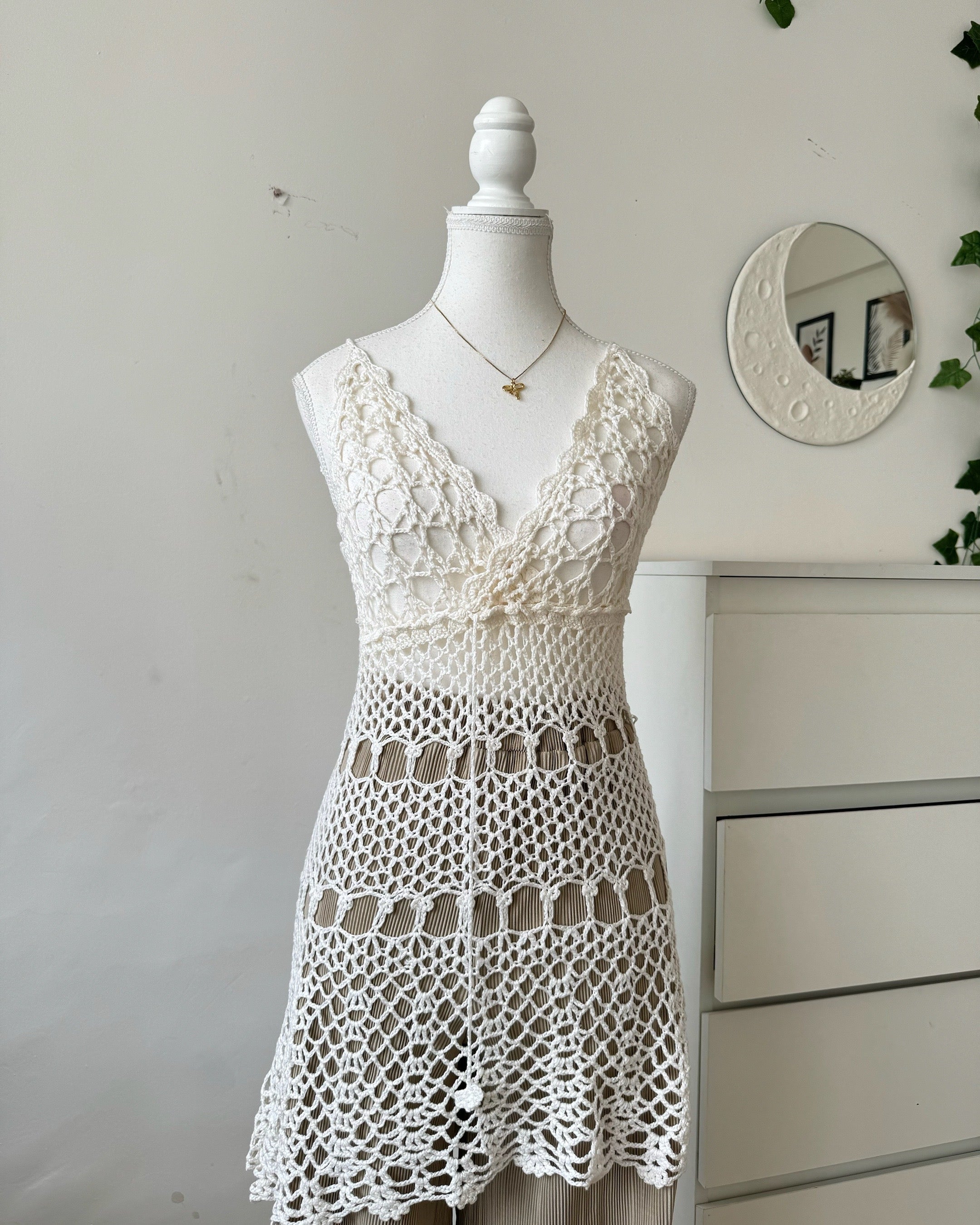 Off-White Sheer V-Neck beach cover Crochet dress