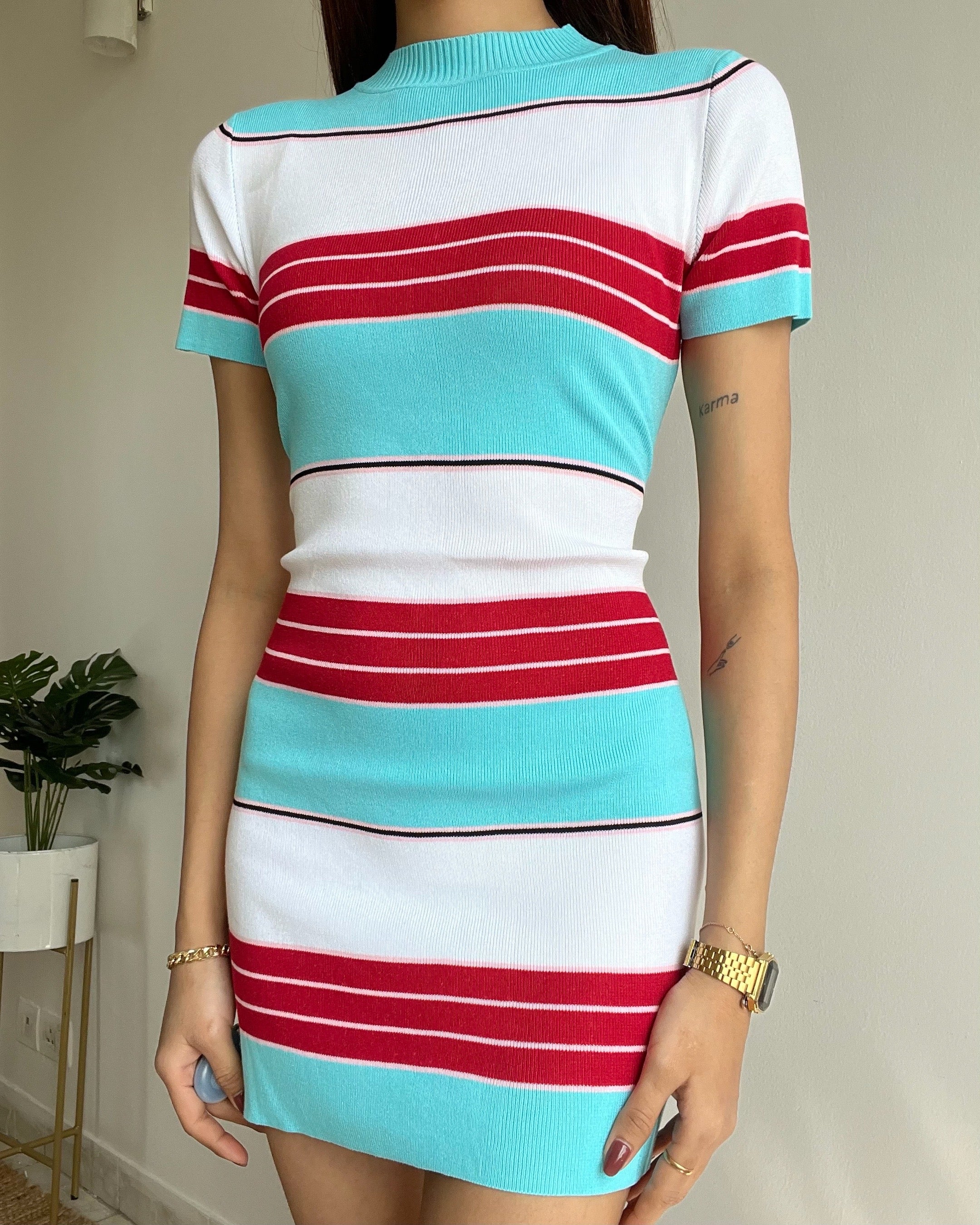 Blue-Red Stripe Bodycon Dress