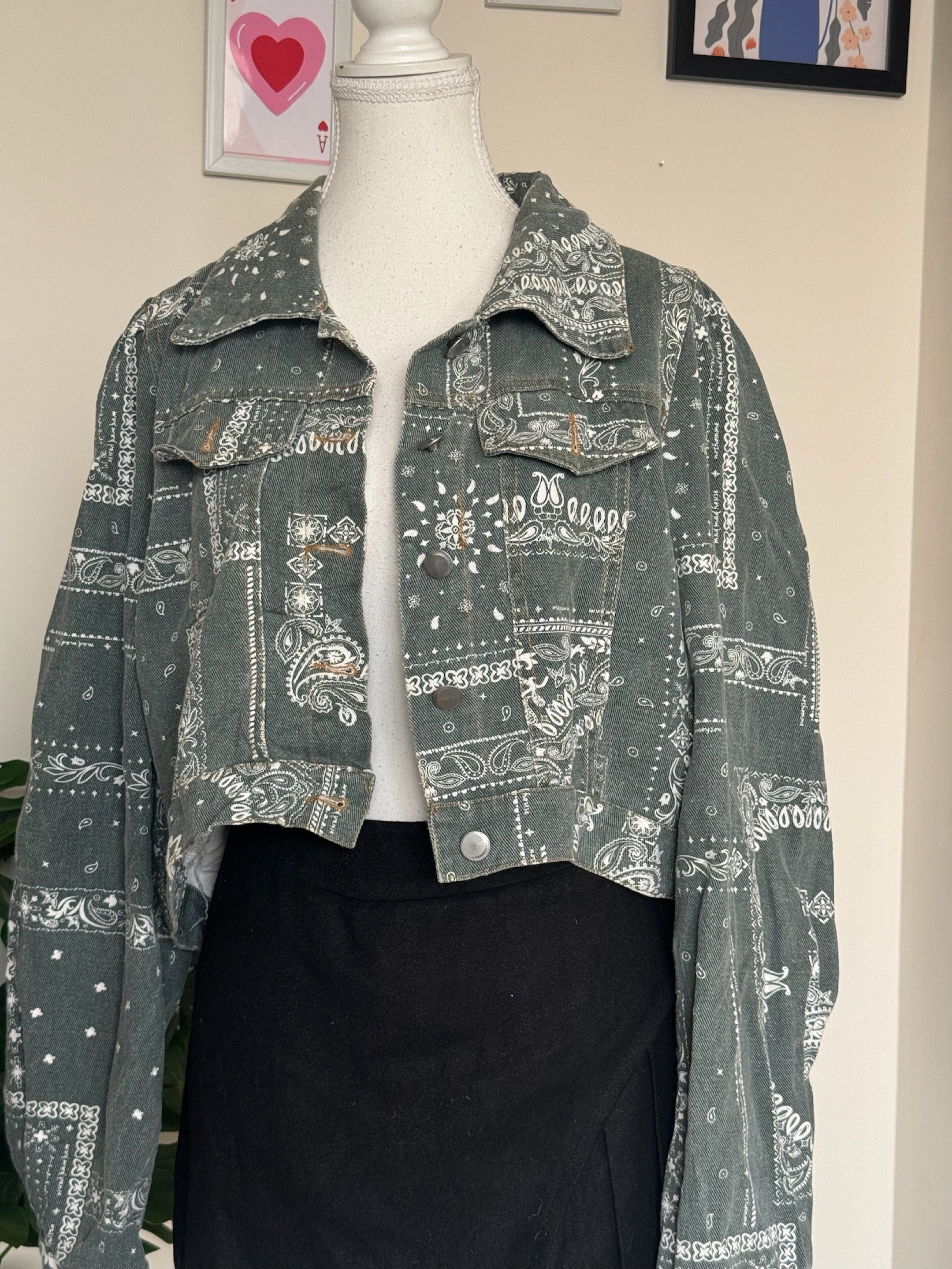 Bandana Printed Crop Denim Jacket