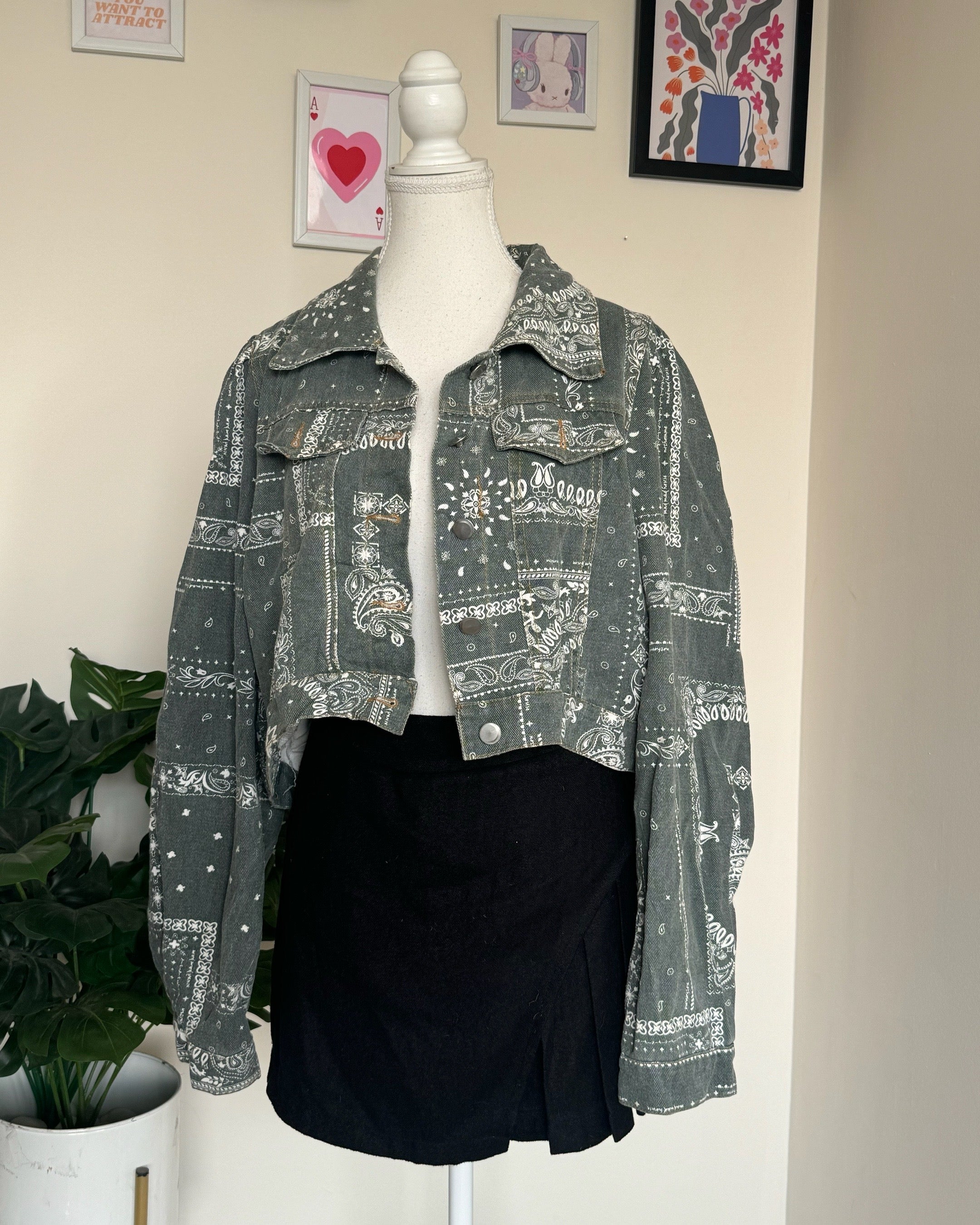 Bandana Printed Crop Denim Jacket