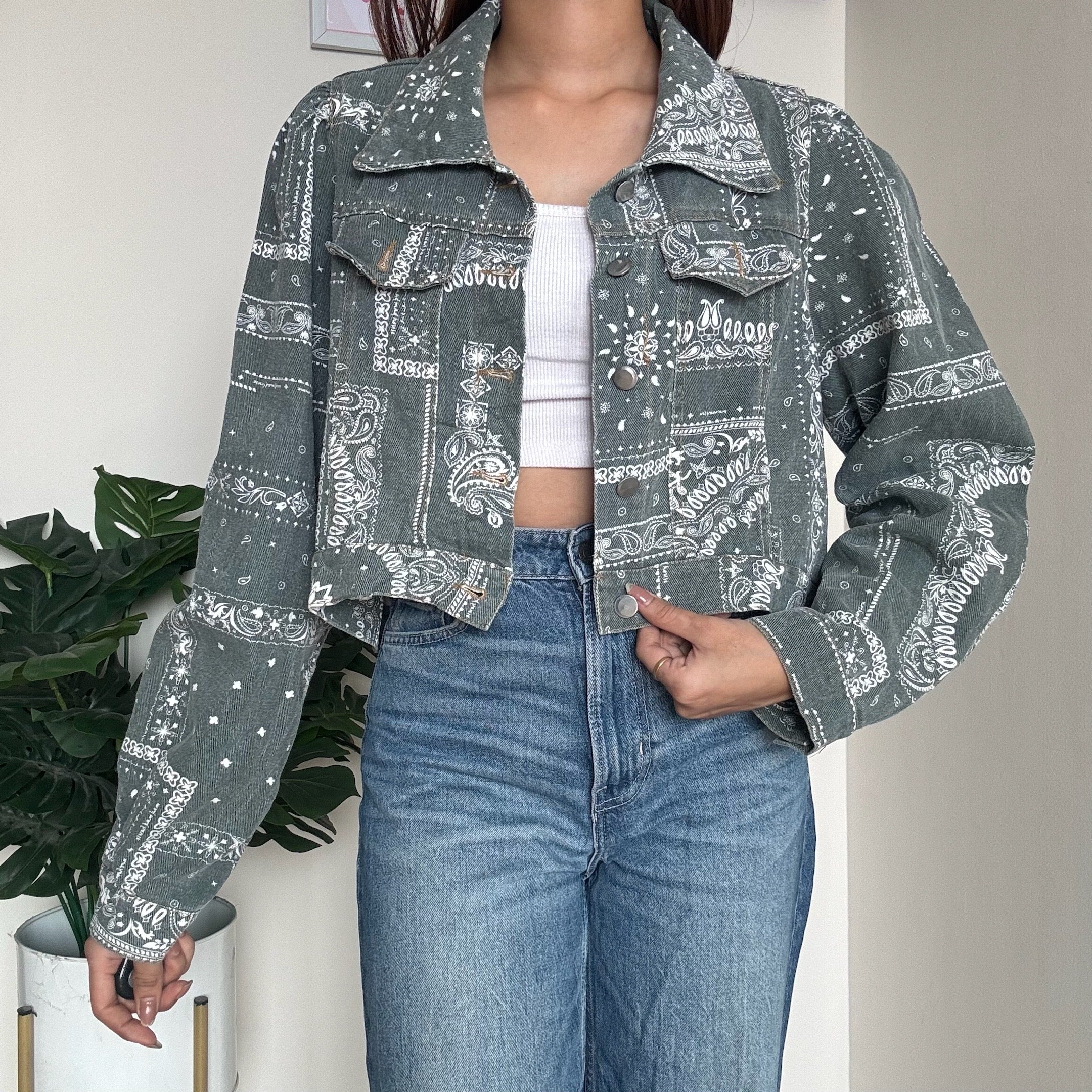 Bandana Printed Crop Denim Jacket