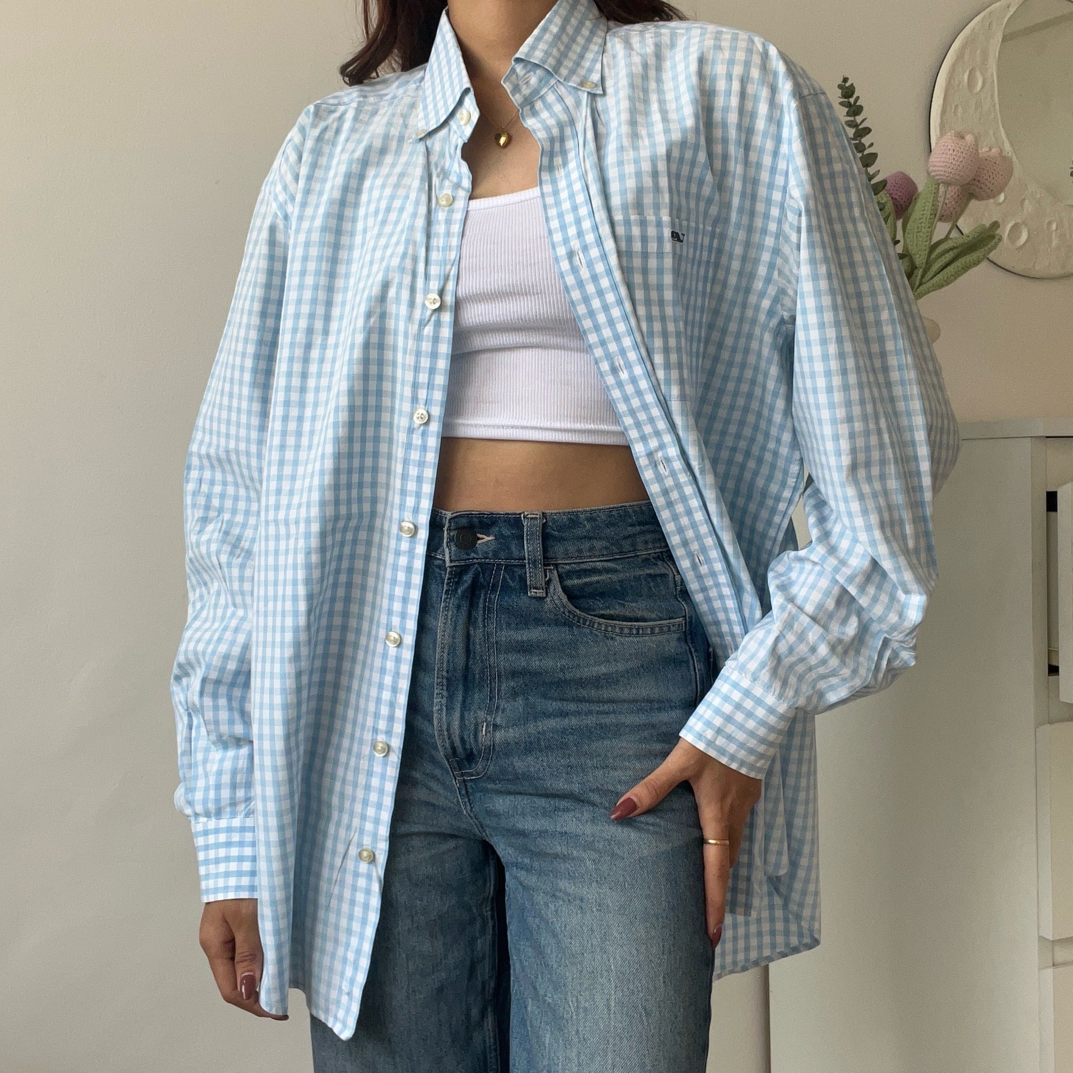 Blue Gingham Checkered Unisex Shirt -  V