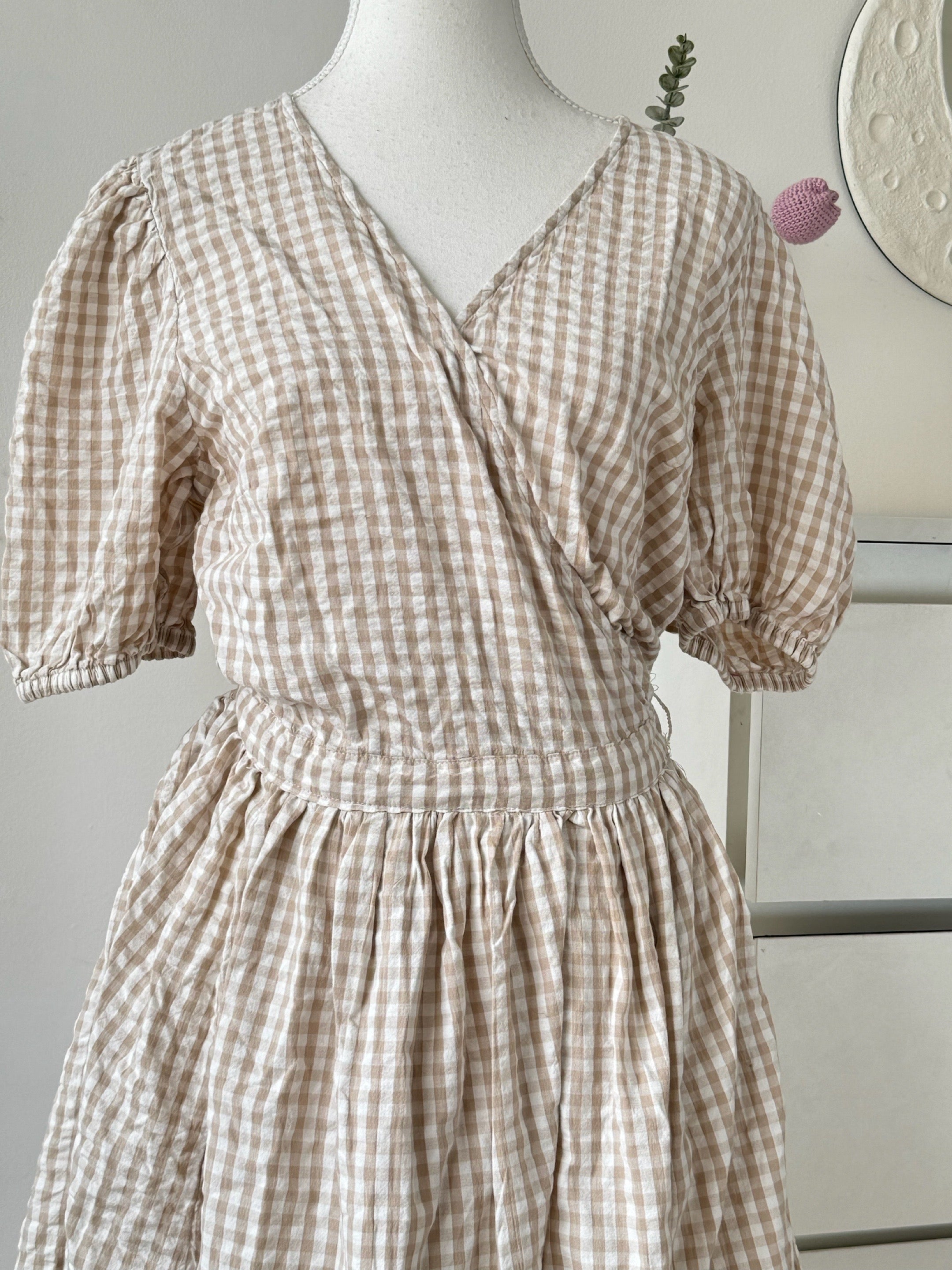 Beige Gingham Checkered Dress