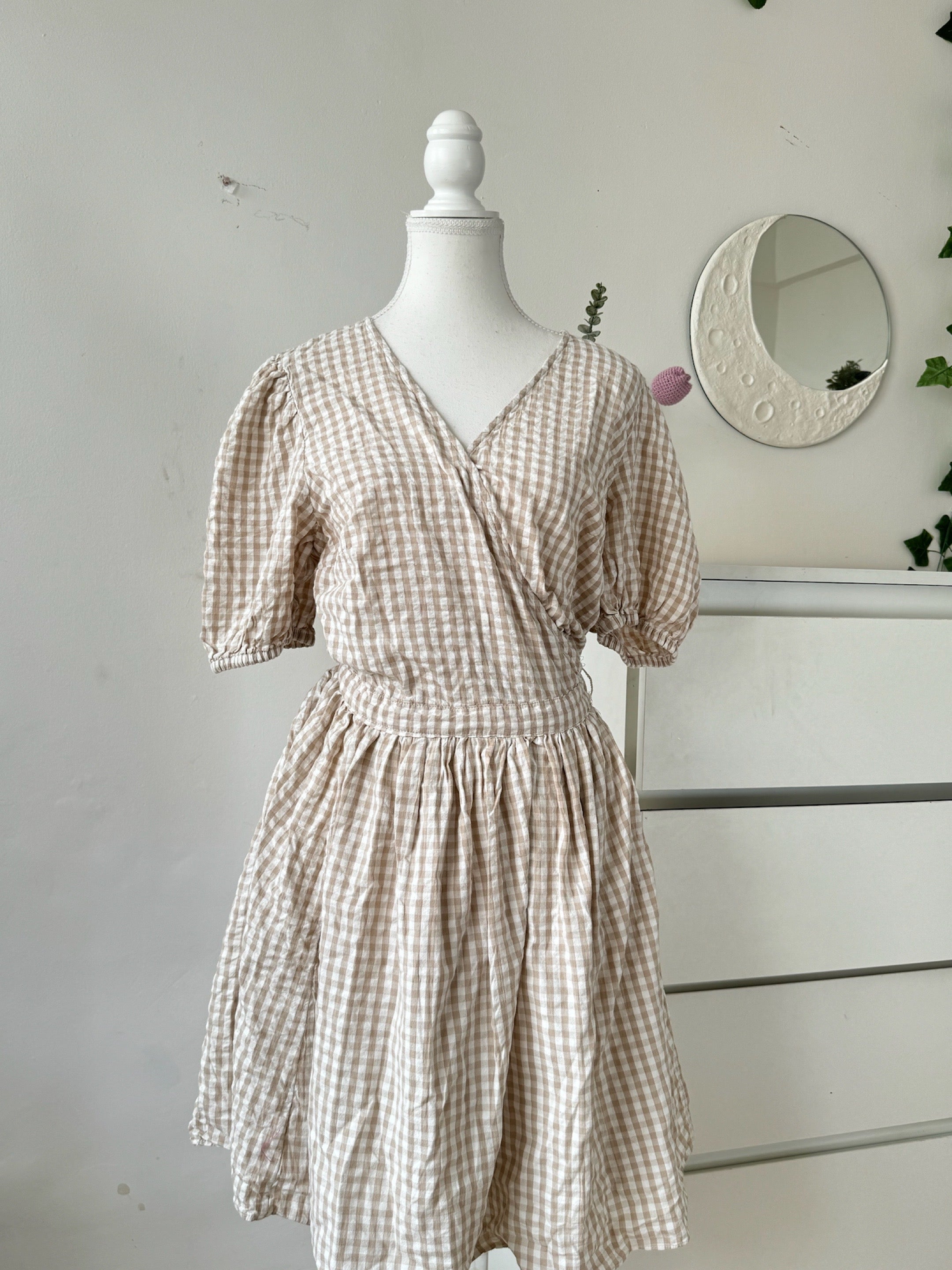 Beige Gingham Checkered Dress