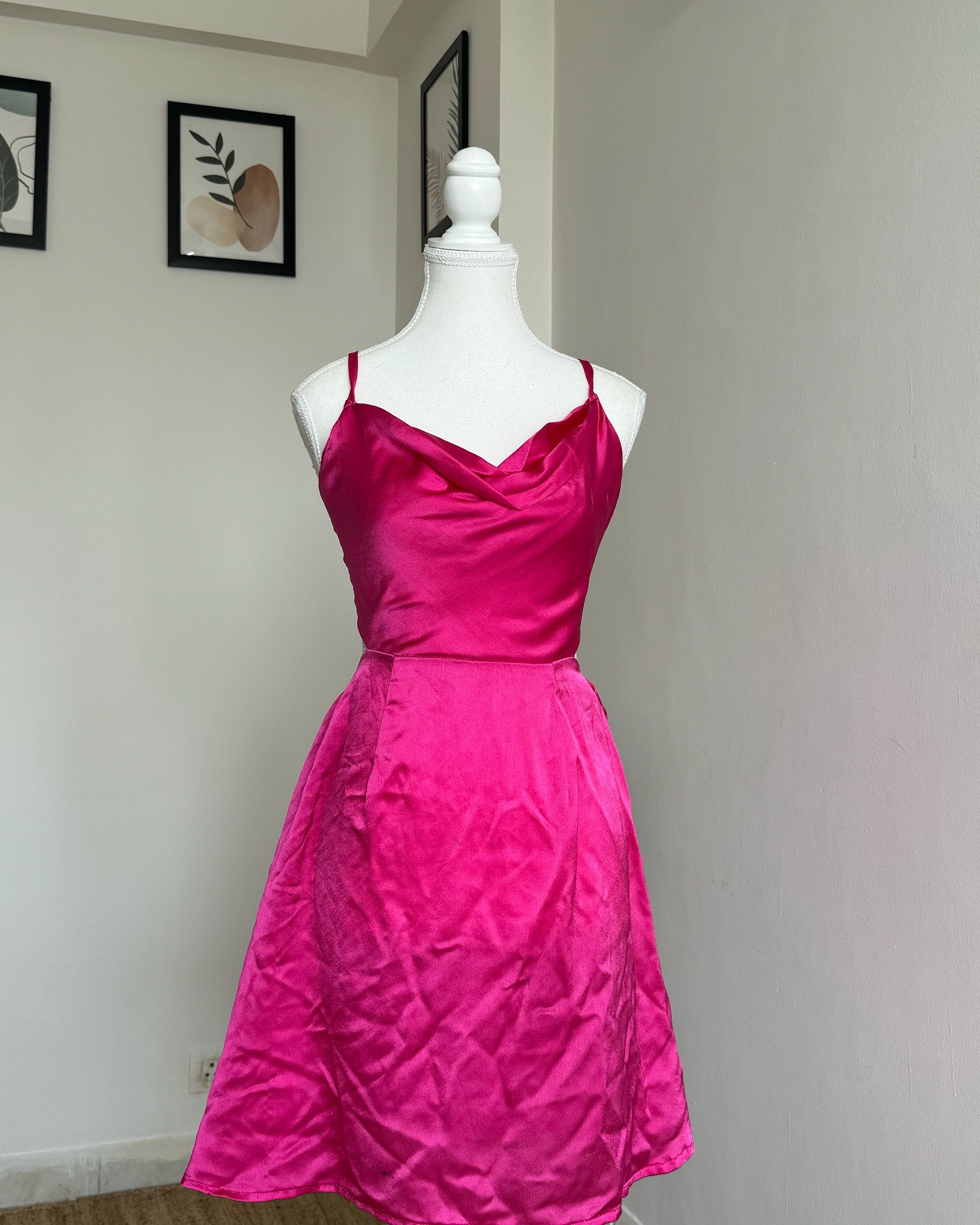 Hot Pink Cowl Satin Dress