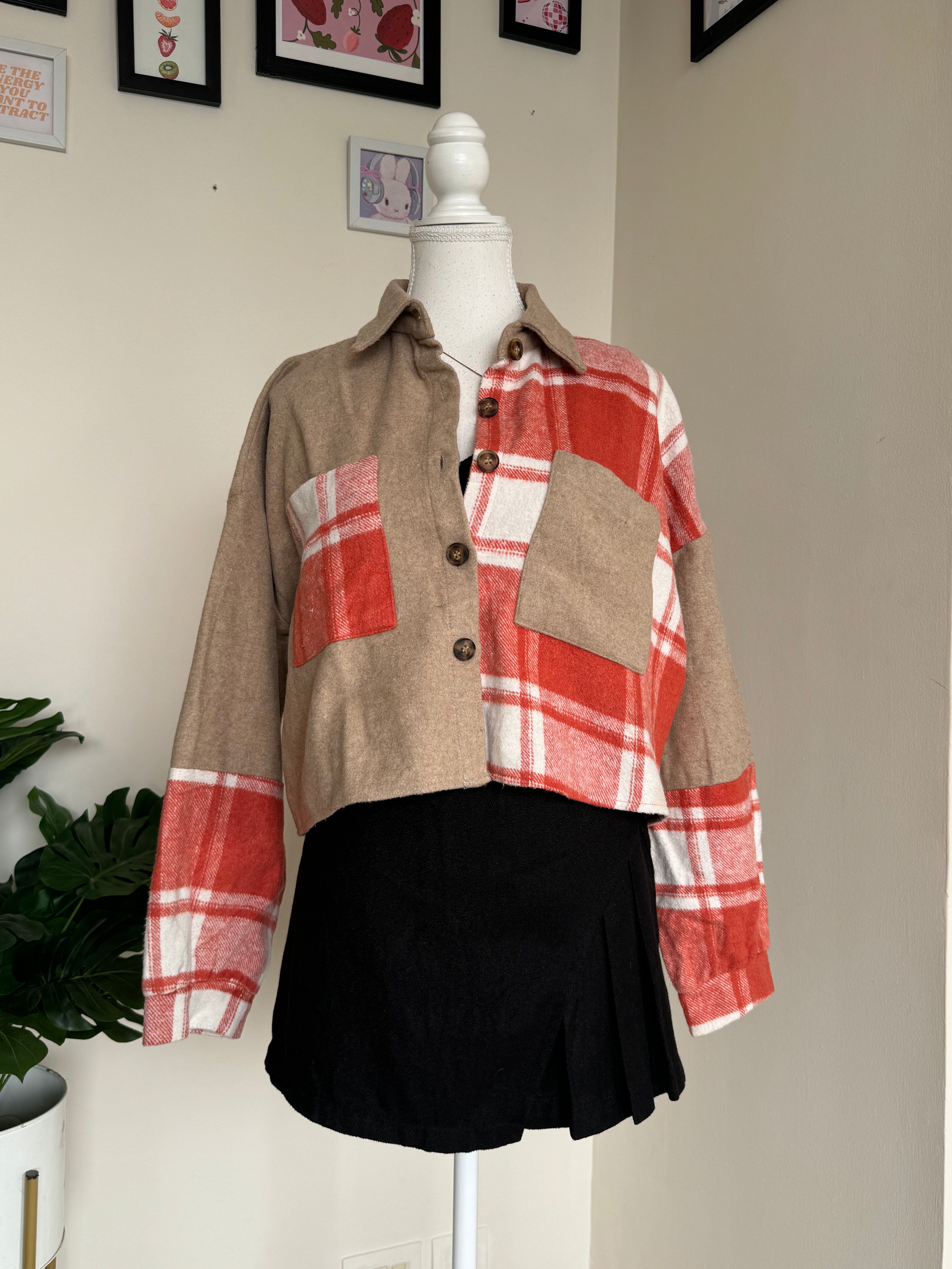 Beige Woollen Shacket with Red Check