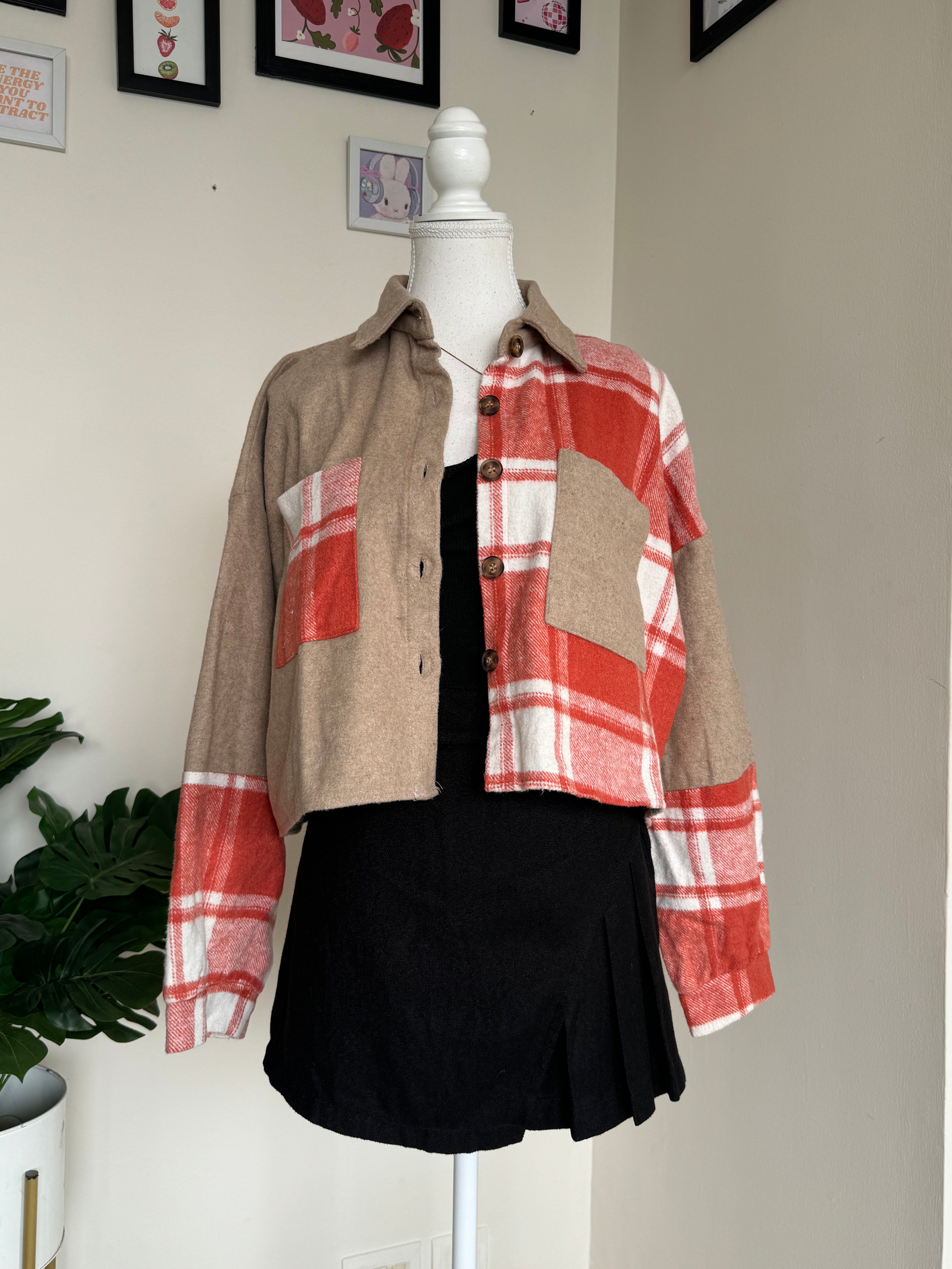 Beige Woollen Shacket with Red Check