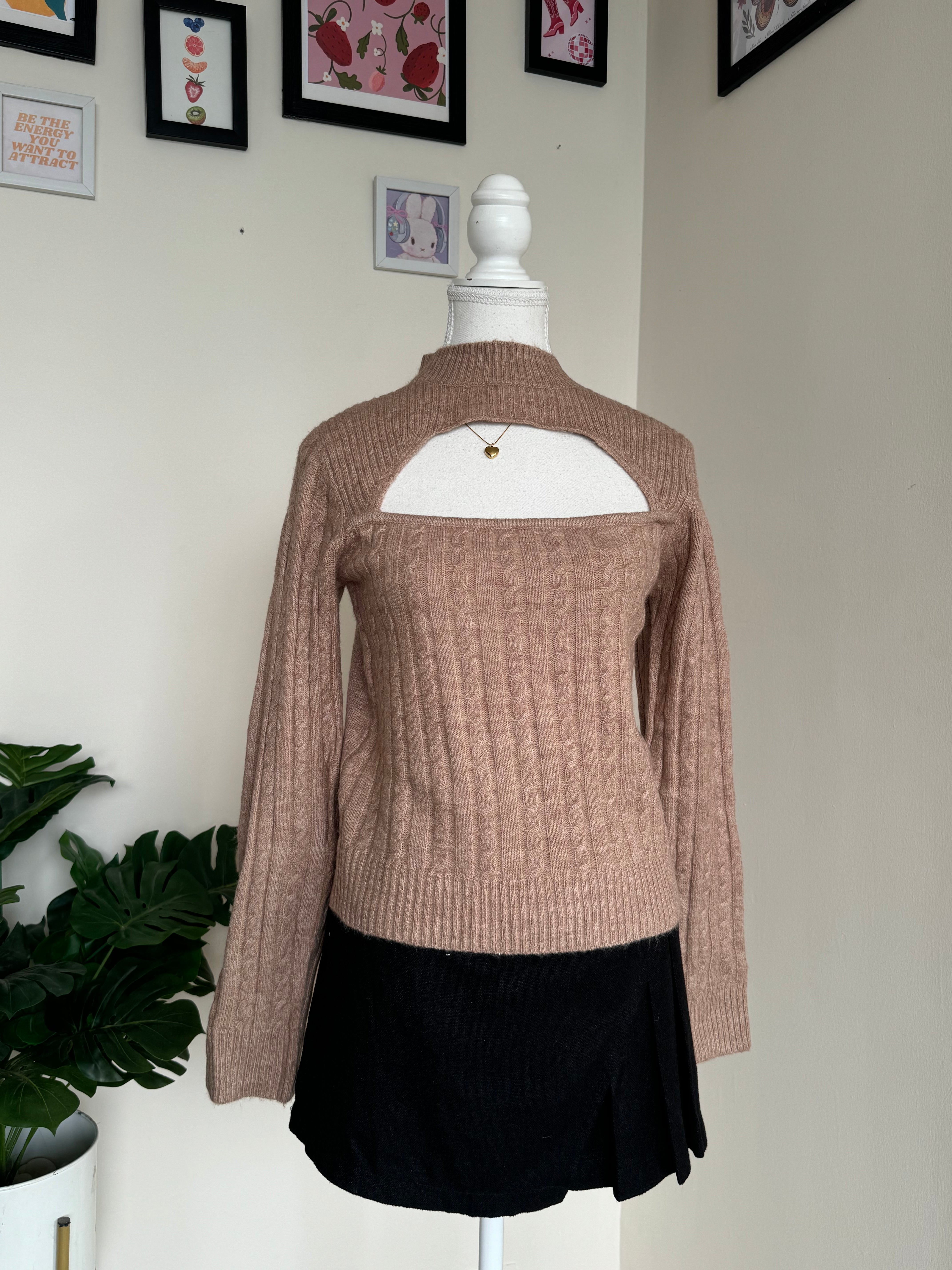 Beige Cut-Out Knit Top