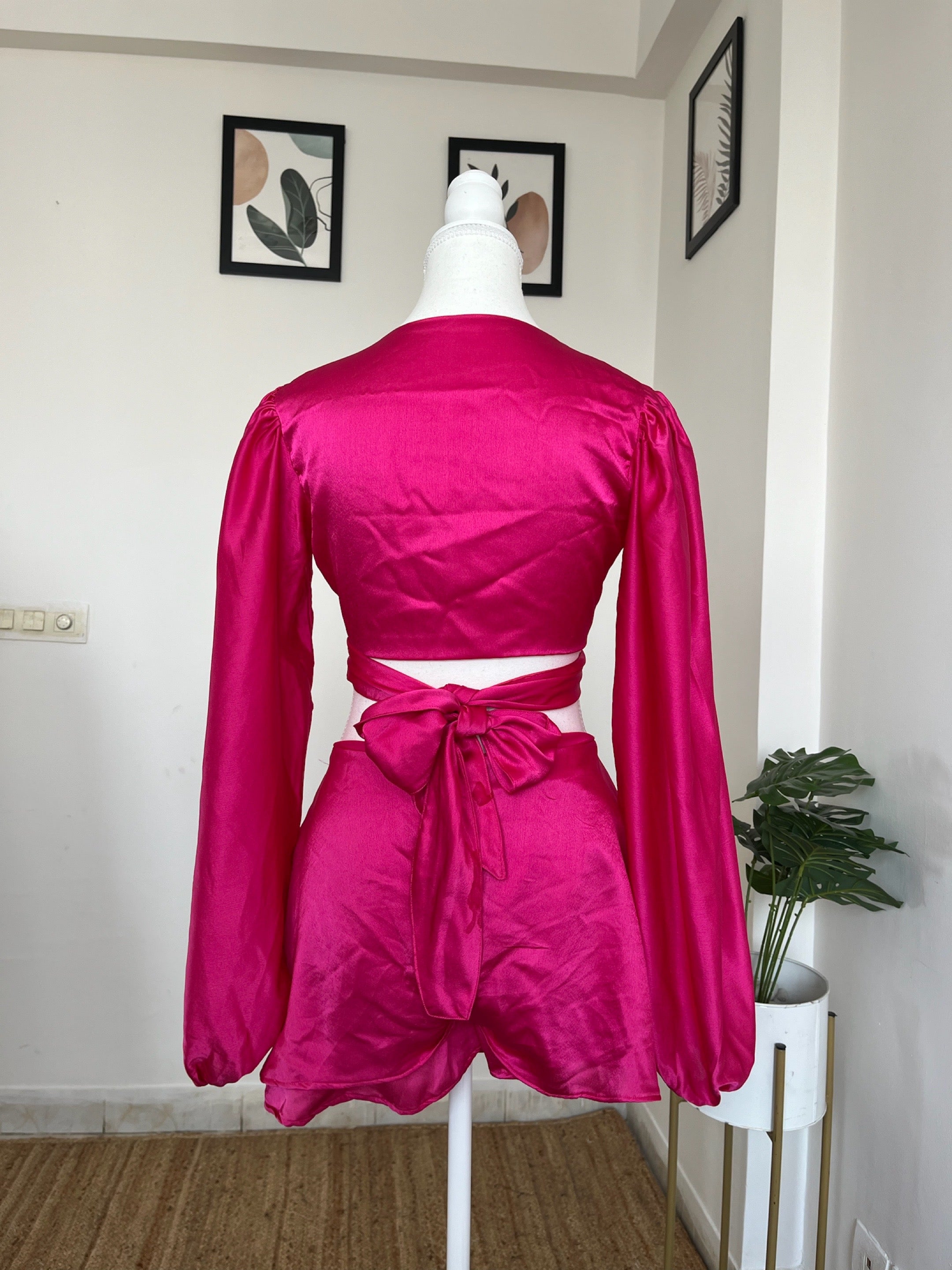 Hot Pink Satin Romper Dress