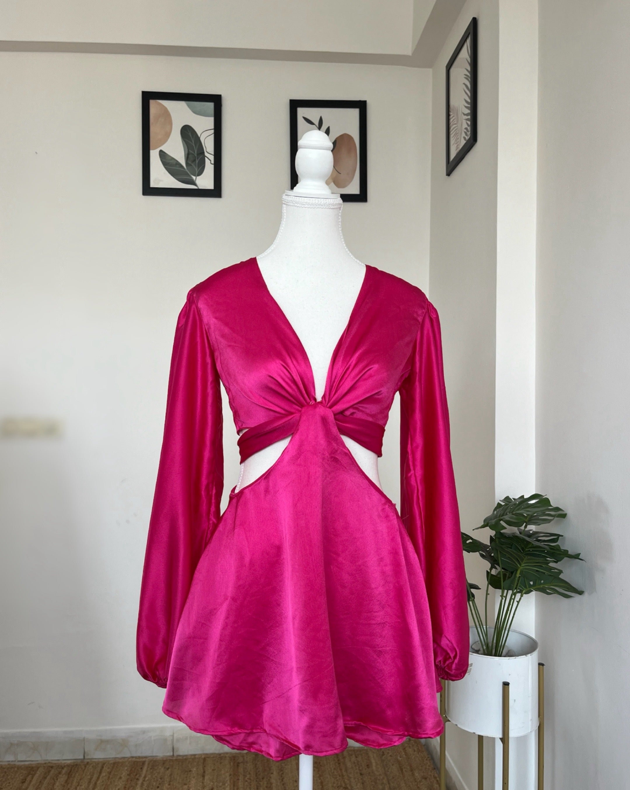 Hot Pink Satin Romper Dress