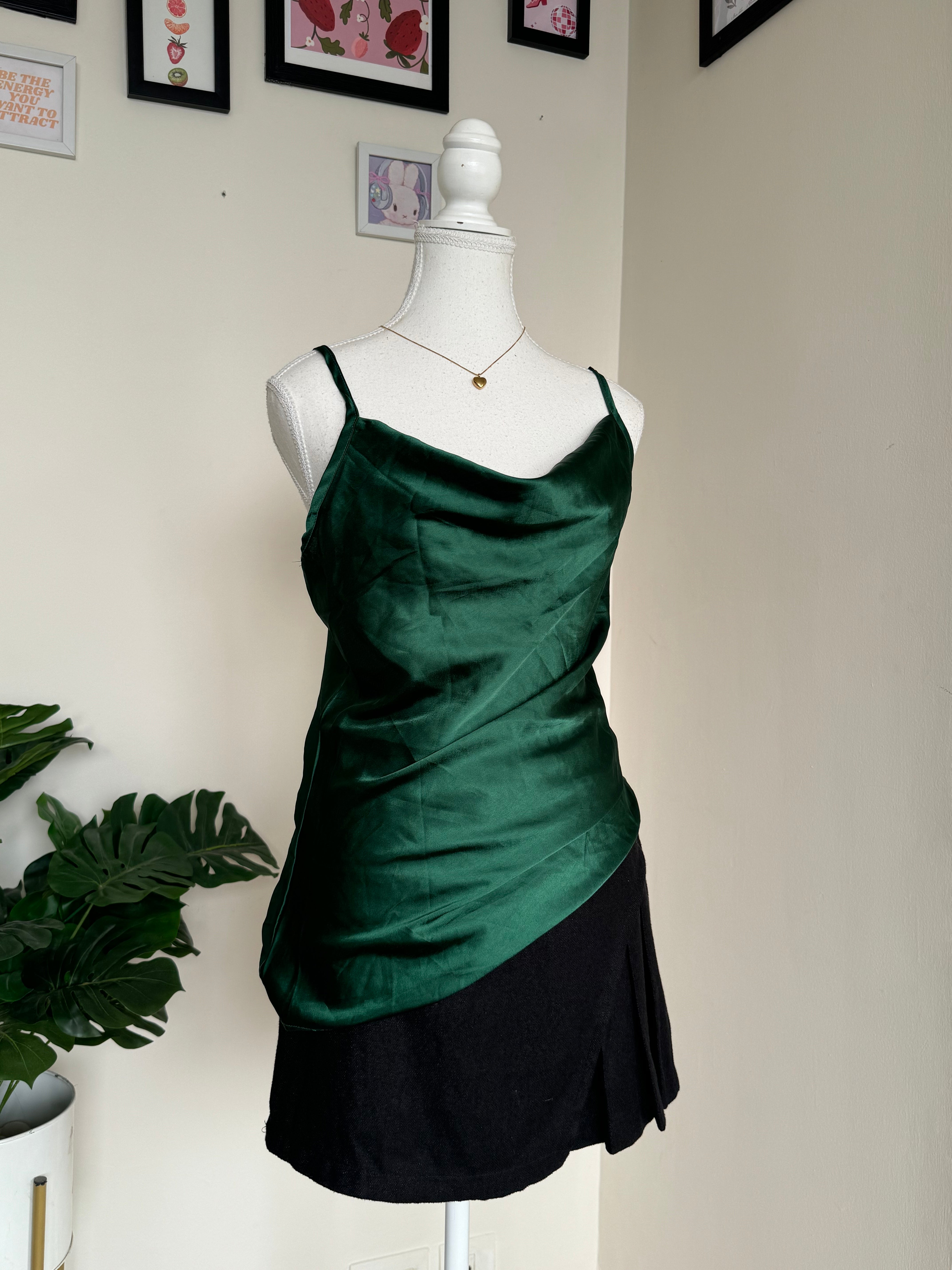 Green Satin Cowl Neck Top