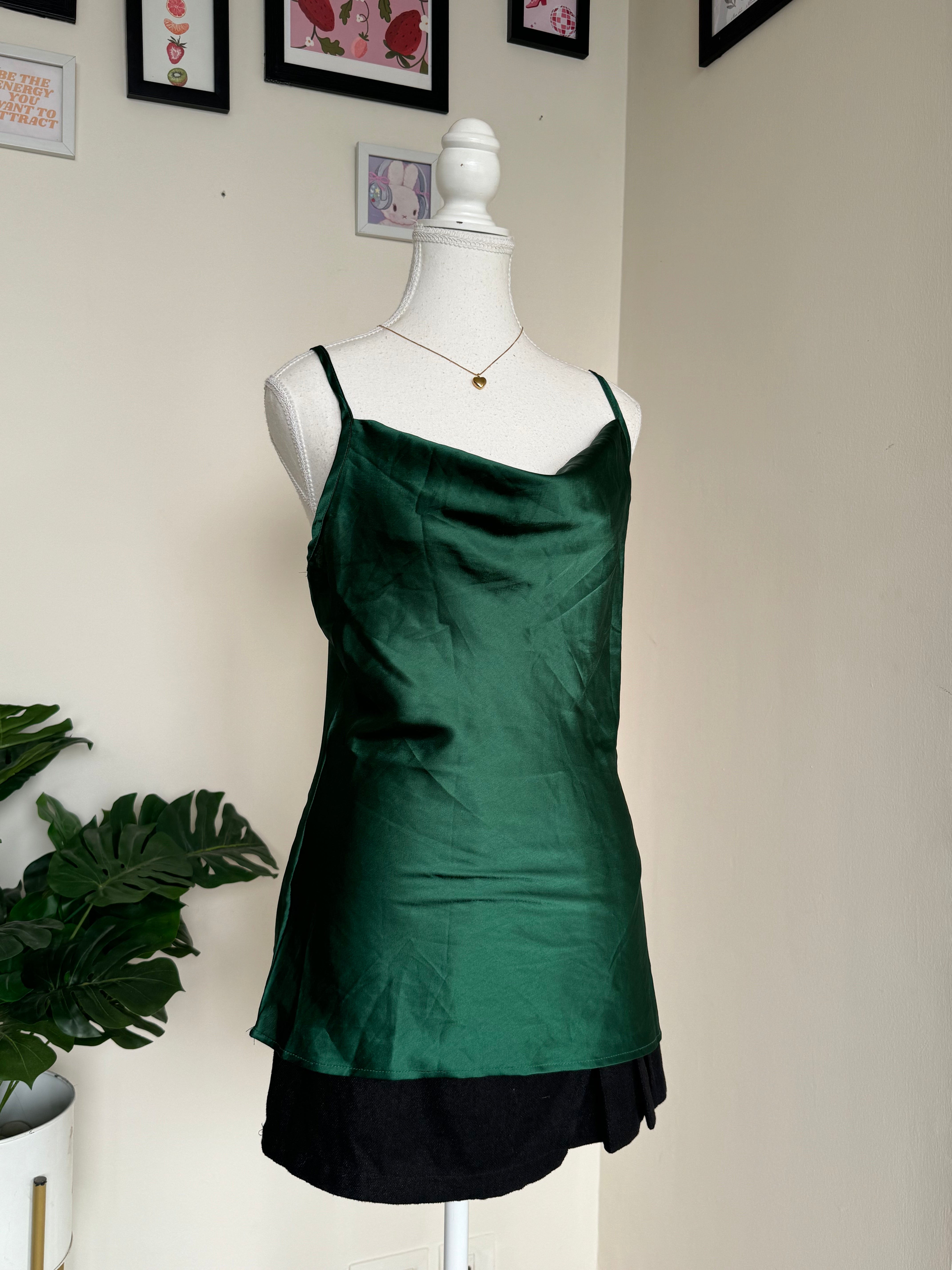 Green Satin Cowl Neck Top