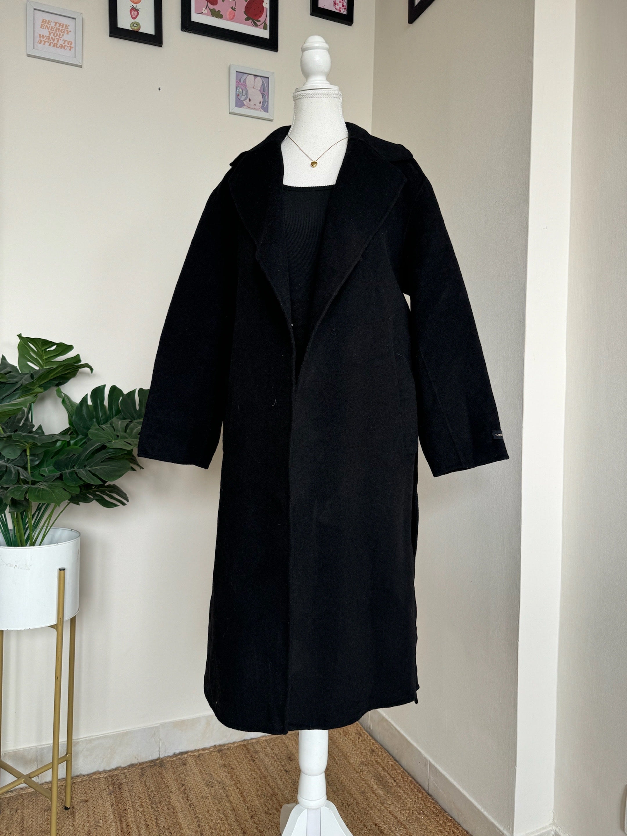 Black Long Woollen Overcoat - TG