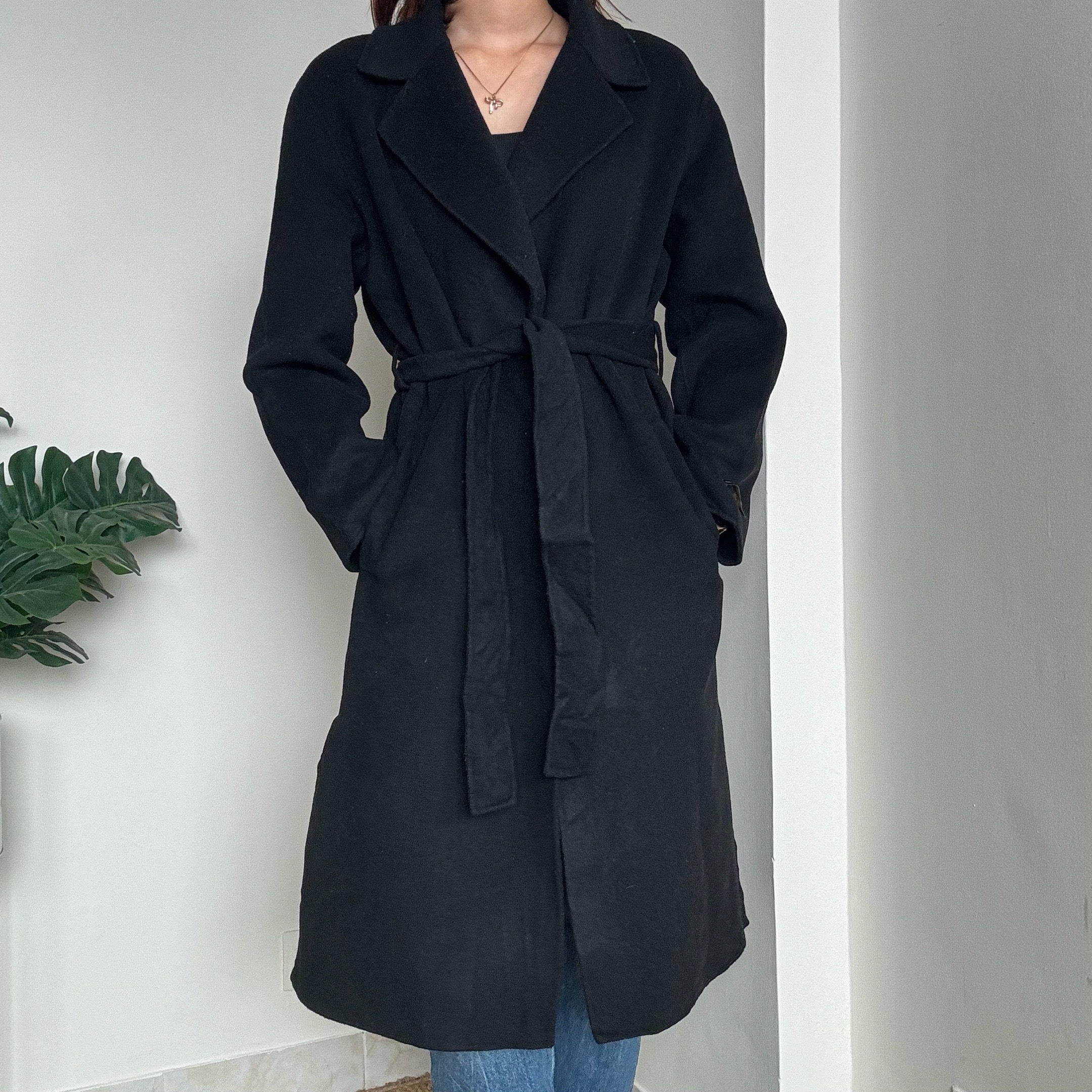 Black Long Woollen Overcoat - TG