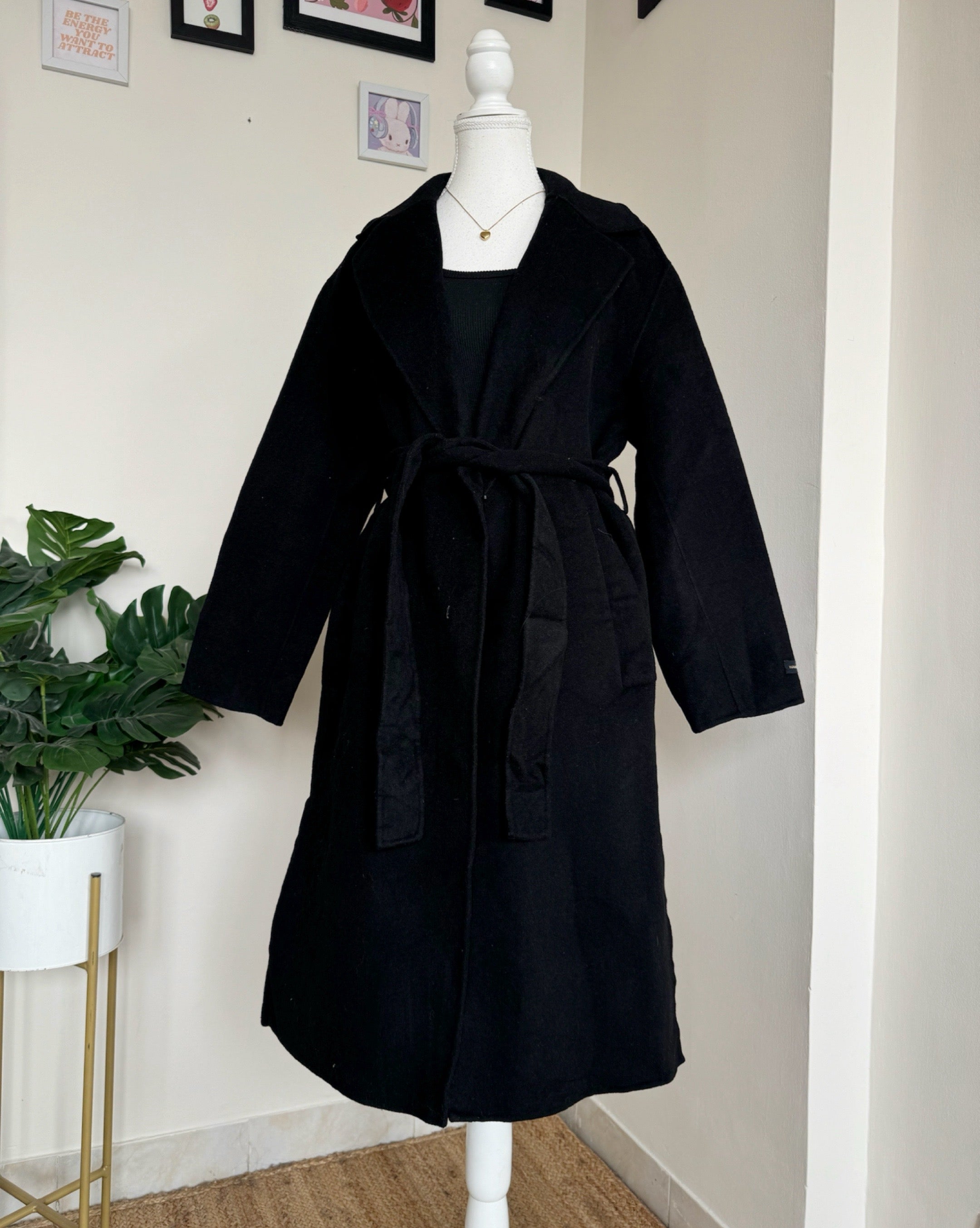 Black Long Woollen Overcoat - TG