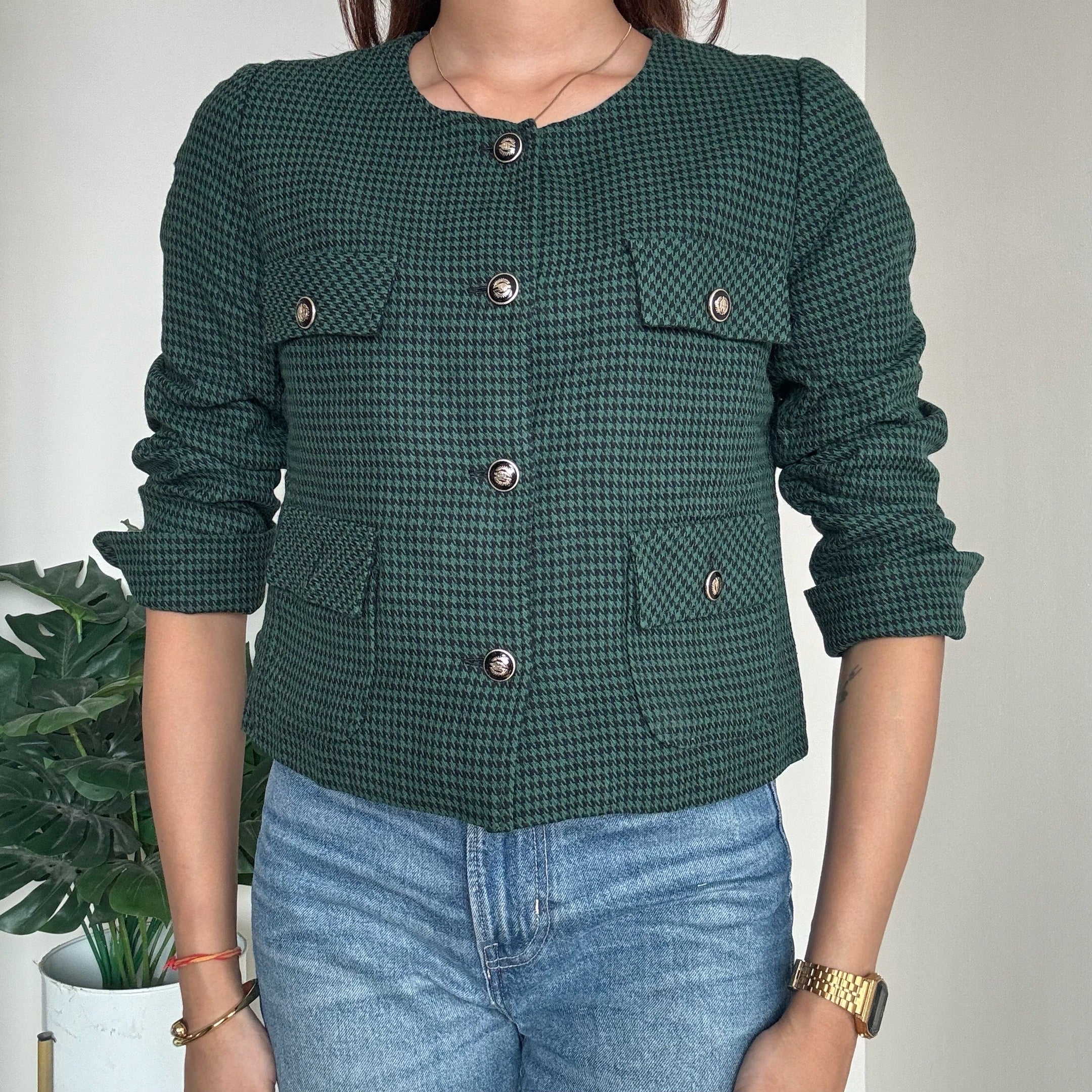 Green Tweed Cropped Blazer