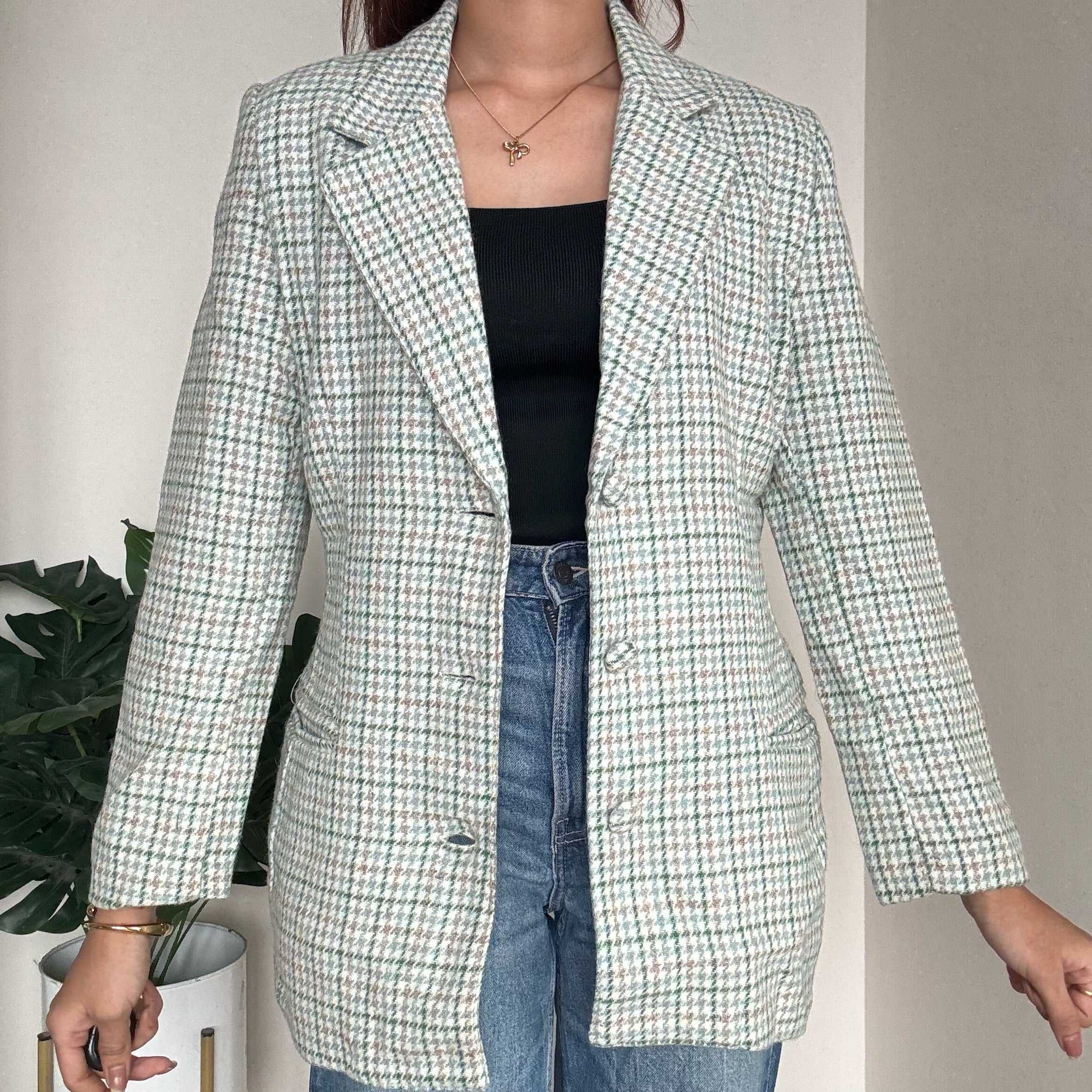 Green Houndstooth Checkered Blazer