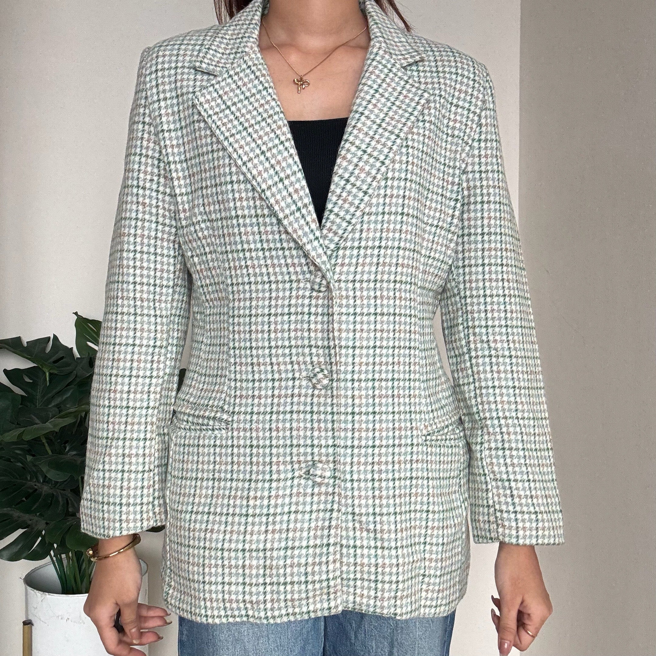 Green Houndstooth Checkered Blazer