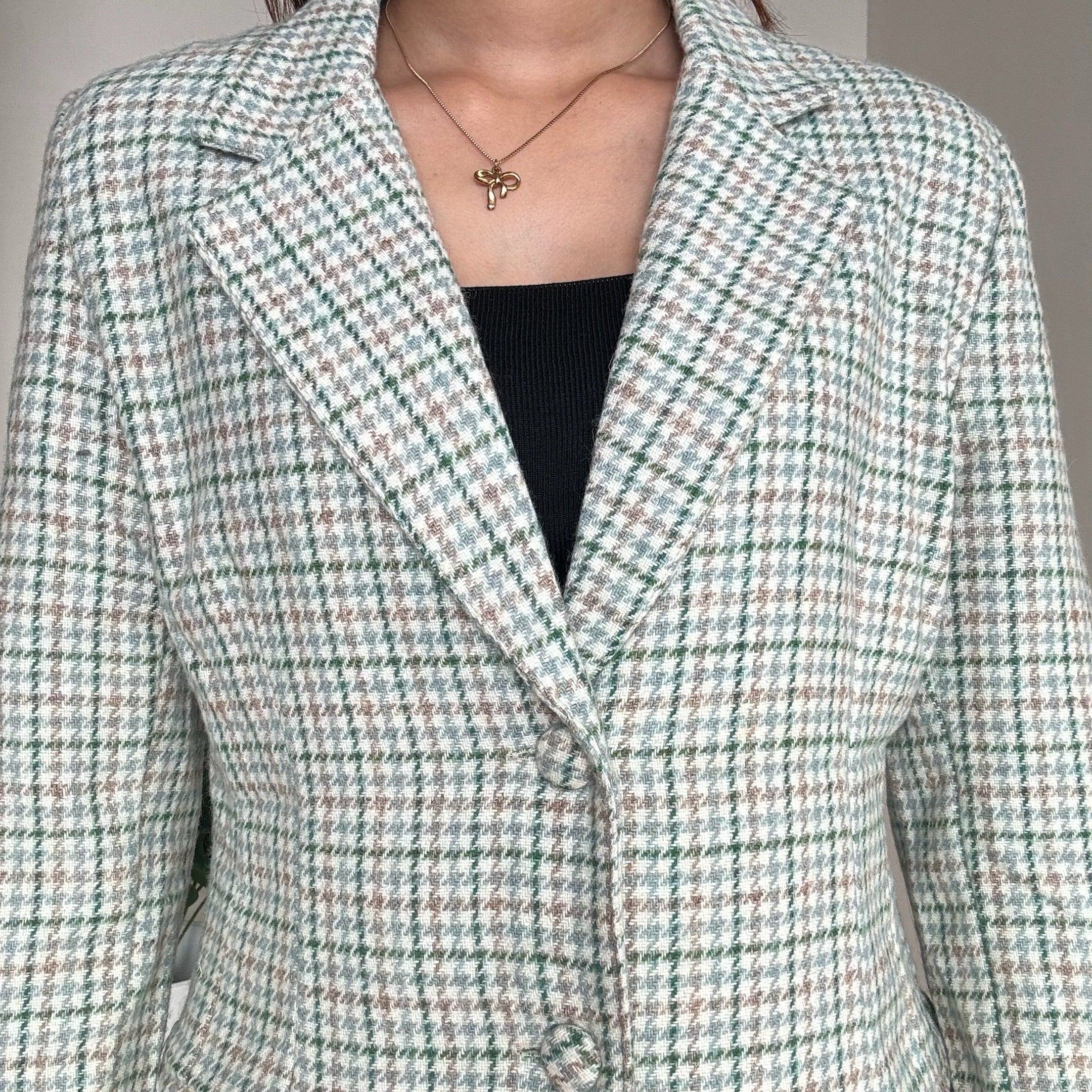 Green Houndstooth Checkered Blazer