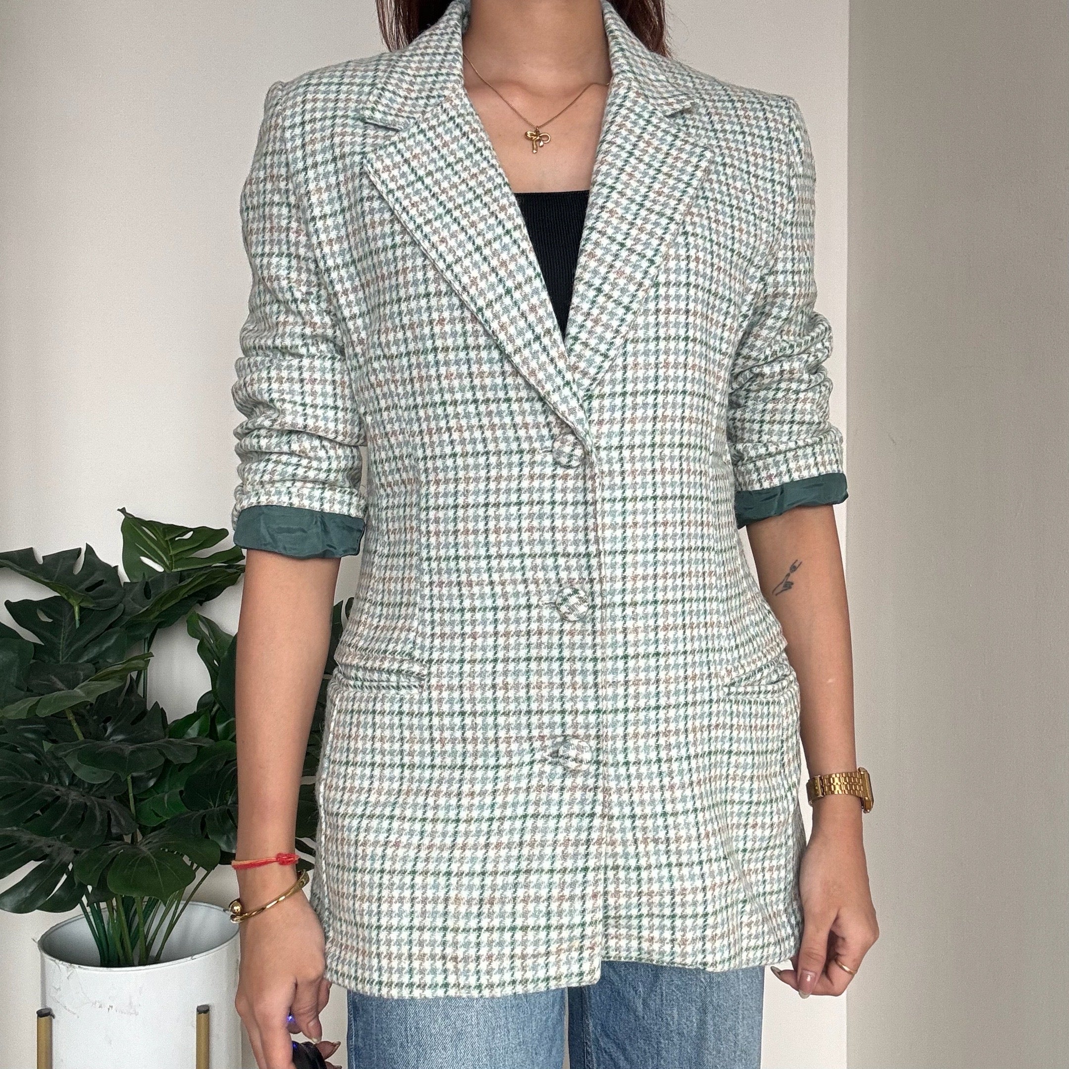 Green Houndstooth Checkered Blazer