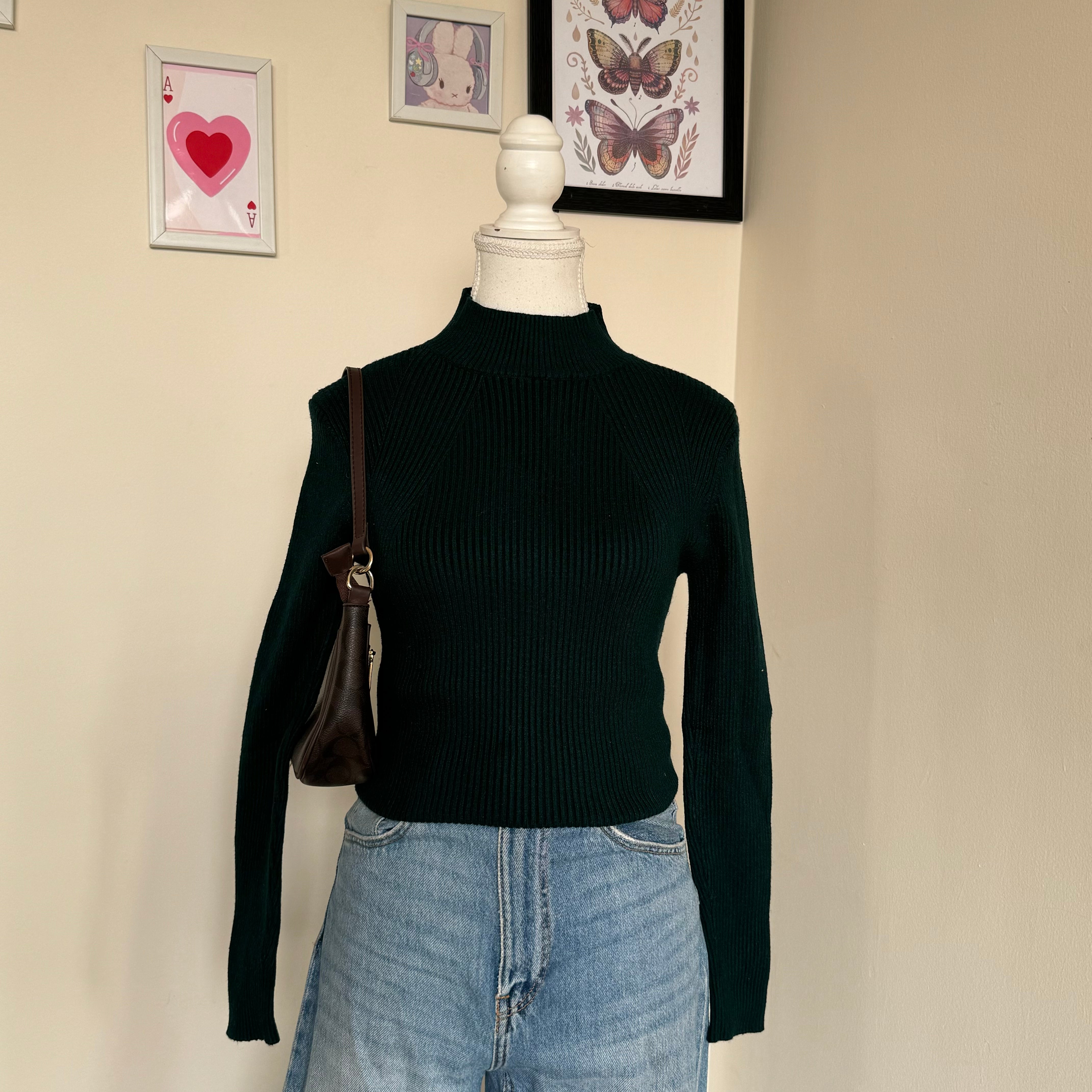 Dark Green Turtle-Neck Knit Top