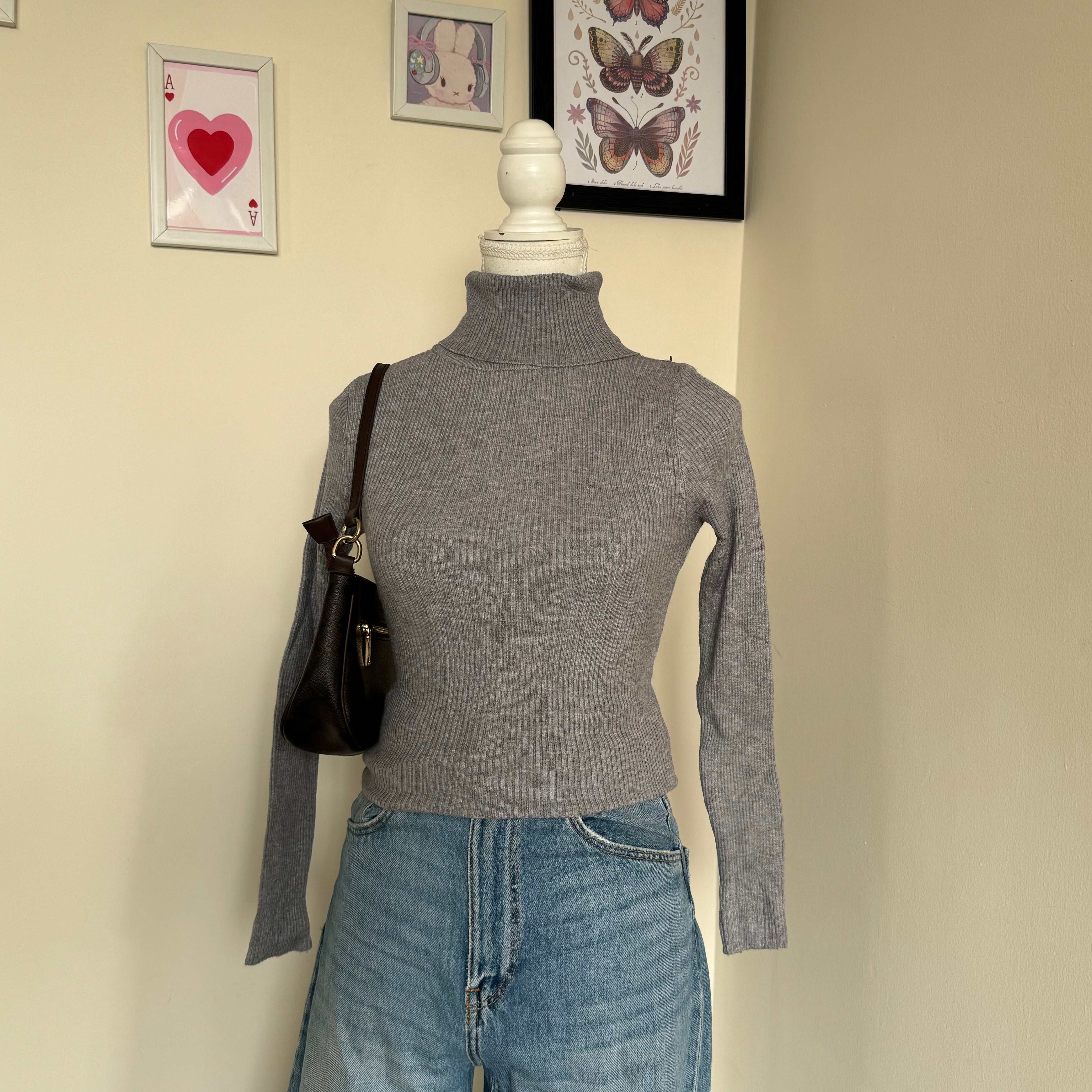 Grey Turtle-Neck Knit Top