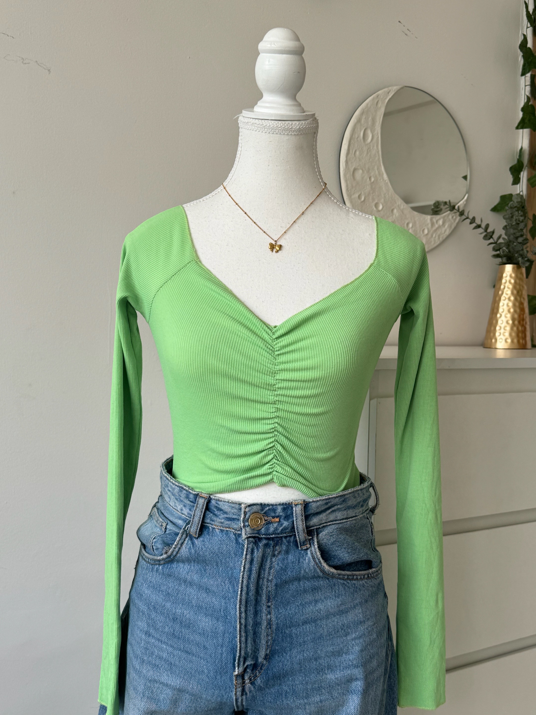 Green Full Sleeves Ribbed Top - Thriftiness By Ashna